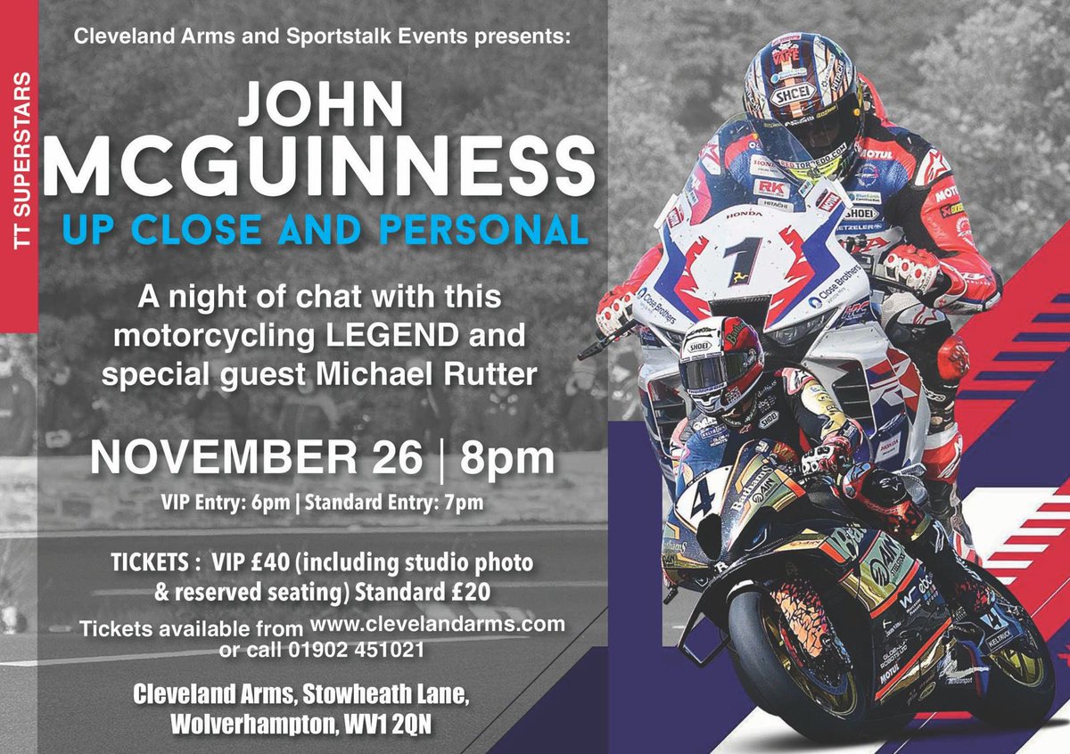 Cleveland_Arms's tweet photo. 🚨🚨
NOVEMBER 26 | Motorcycling royalty @jm130tt will be joined live on stage by the legend that is @michaelrutter_ for a one-off show.

The response to this show have been phenomenal as always so, get your tickets now.
Details ⬇️ https://t.co/GgdDOhGPOt