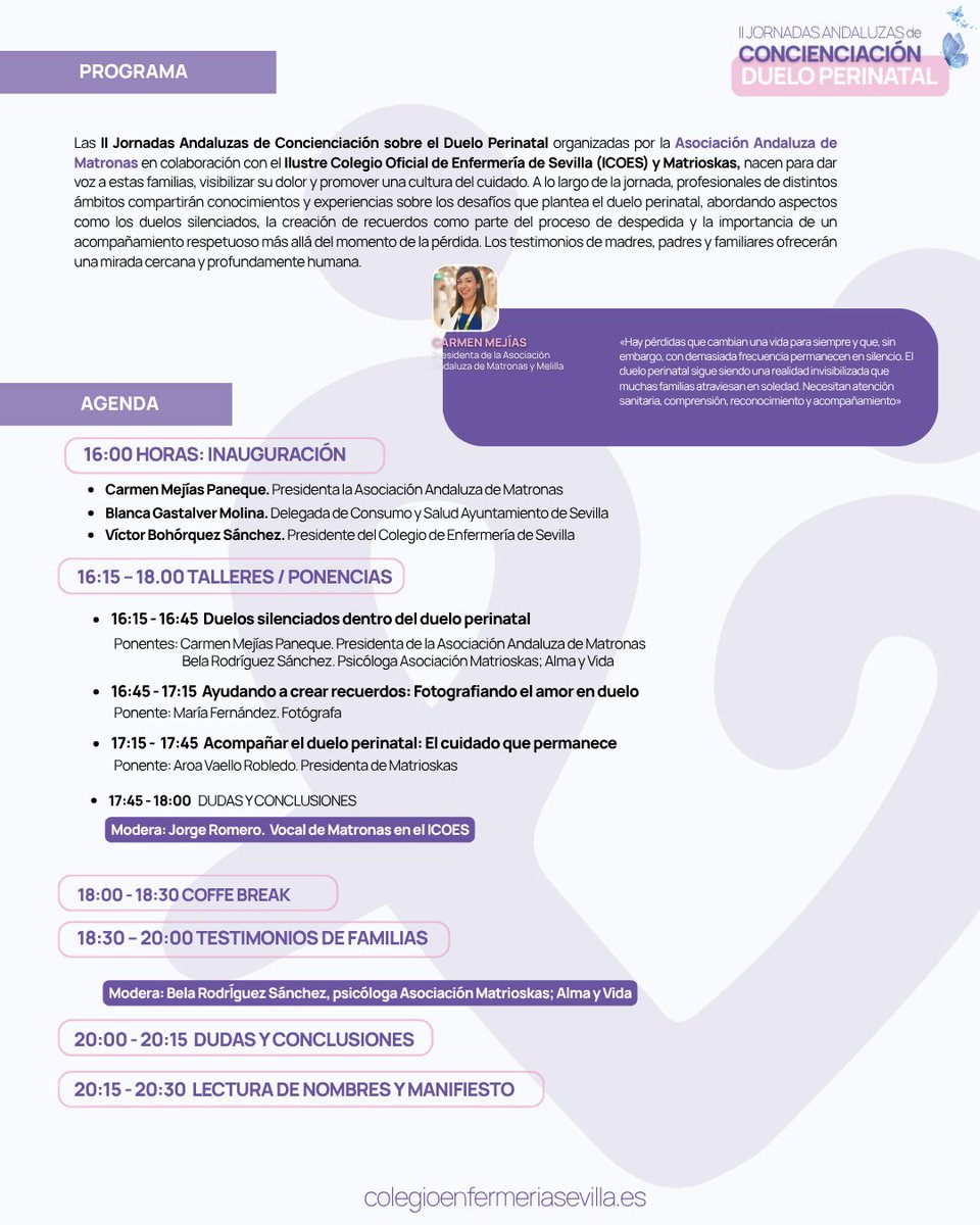 ICOESevilla's tweet photo. 📢 ¡Ya tienes disponible el programa de las II Jornadas Andaluzas de Concienciación sobre el #DueloPerinatal!
💜 Hay historias que merecen ser escuchadas. Hay pérdidas que también necesitan cuidados
✍️+INFO: https://t.co/Z0Qiro5CEO

 #DueloGestacional #Matronas #Enfermería #Duelo https://t.co/KXh1t5Djjc