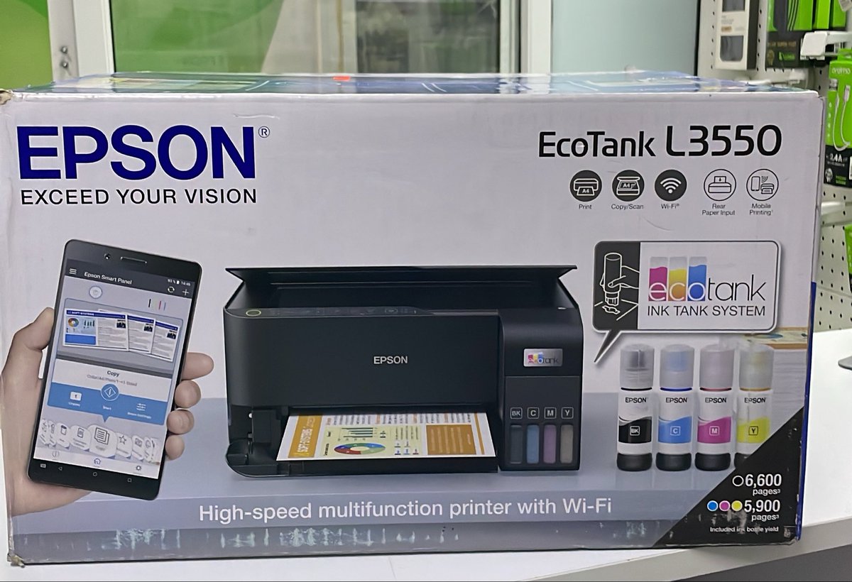 Metaspot7's tweet photo. Epson L3550; Print, Scan, Copy
Ksh 28,000

0746592698

Print Technology: PrecisionCore
Print Speed: 15 ipm (Black), 8 ipm (Colour)
Connectivity: Wi-Fi, Wi-Fi Direct, USB 2.0
Ink Yield: Up to 6,600 pages (Black), 5,900 pages (Colour)
Features: Borderless printing, Mobile printing (AirPrint, Epson Smart Panel)
