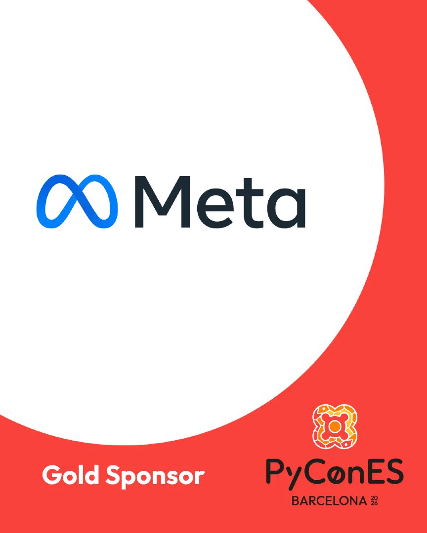Español:
Símbolo azul de infinito y logo de Meta en negro sobre fondo blanco con marco curvo rojo; abajo dice "Gold Sponsor" junto al logo de PyConES Barcelona 2026.

Català:
Símbol blau d'infinit i logo de Meta en negre sobre fons blanc amb marc corbat vermell; a baix diu "Gold Sponsor" amb el logo de PyConES Barcelona 2026.

English:
Blue infinity symbol and black Meta logo on a white background with a curved red frame; below reads "Gold Sponsor" next to PyConES Barcelona 2026 logo.