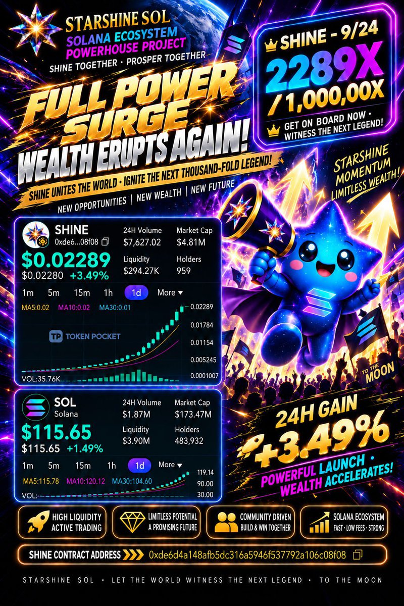 StarshineSOL's tweet photo. 🚨🔥 9/24 | SHINE Surges Higher!

🟣 SOLANA (SOL)
💰 $115.65 ⬆️ +1.49% / 24H

⭐�� SHINE
💎 $0.02289 🚀 +3.49% / 24H

🔥 SOL keeps climbing!
🚀 SHINE hits 2289X, keeps gaining momentum!

⚡️ SHINE is heading higher!

#starshine #shine #solana https://t.co/y8BOY3dfyH
