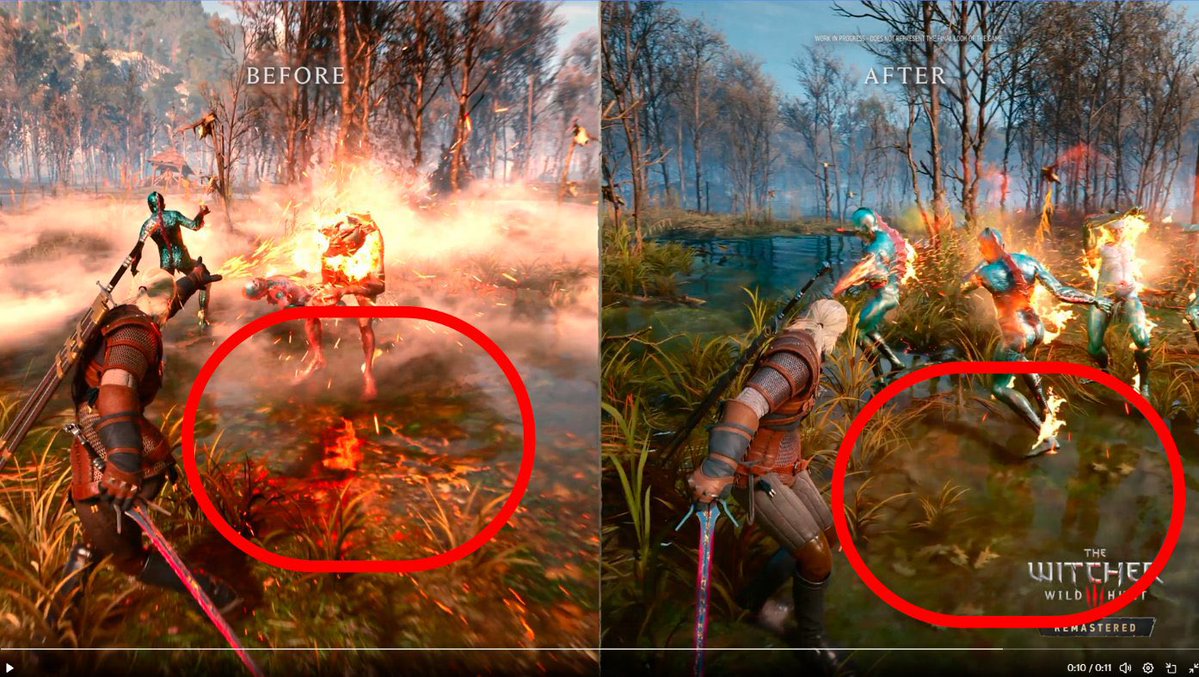 Pirat_Nation's tweet photo. CD Projekt has released a new video comparing the new Witcher 3 remaster with the last version, and people have said it looks like a downgrade. 

Some fans have pointed out that the comparison lacks fire reflections in the water and lost the vivid colour tone from the game. https://t.co/Vzm0fnE7Oi