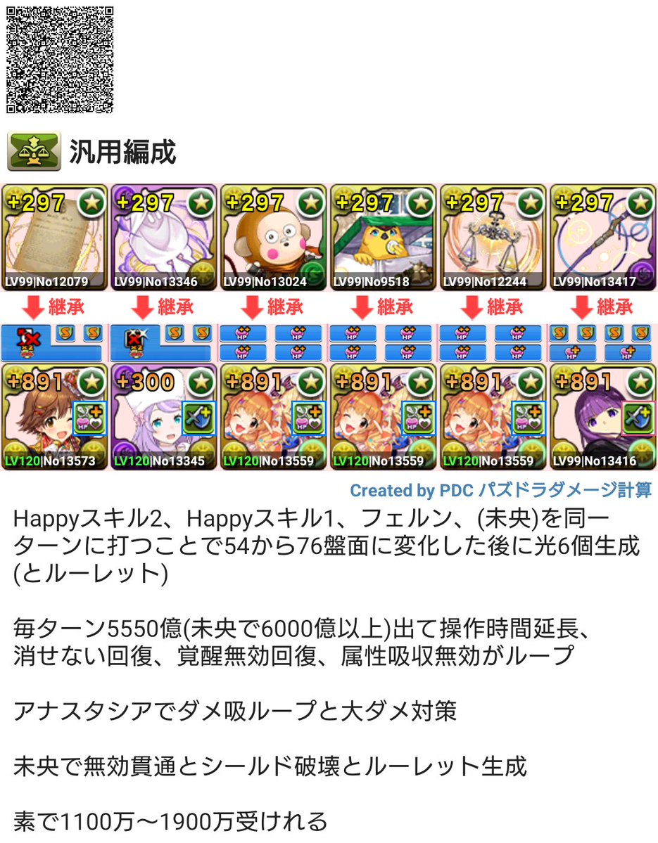 jonepuzzle's tweet photo. 昔HappyHappyTwinsの汎用編成組んで面白い動きして結構いいなぁと思ってたんだけど今回の上方修正でかなり遊べそう
毎ターン5550億(未央使用時6000億以上)で火力バカだし
ソウル貰ったから素で1100万〜1900万受けれるようになったし
#パズドラ https://t.co/TxyvSmV5Iu