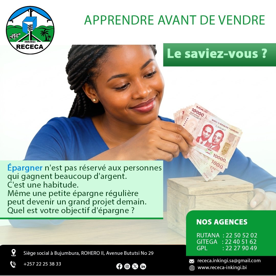 Receca_Inkingi's tweet photo. Ce n'est pas réservé aux personnes qui gagnent beaucoup d'argent ❗ 

Épargner est une habitude.

🤌🏾 Même une petite épargne régulière peut devenir un grand projet demain. 

📍 Quel est votre objectif d'épargne ?

#receca  #inkingi  #épargne  #credit https://t.co/45HRGYCV7X