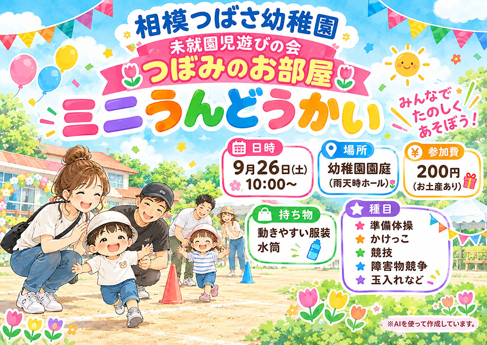 Tsubasakind's tweet photo. 【再掲載】
つぼみのお部屋「ミニうんどうかい」
９月２６日(土)１０時～
・園庭またはホールでの開催予定です。 
・参加費２００円ですがお土産あります！

親子共に動きやすい服装でご参加ください★

※AIで作成してみました。

#幼稚園 #認定こども園 #運動会 #未就園児 #遊び #イベント https://t.co/PSfMevxmxu