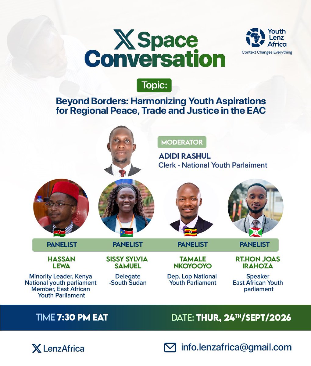 AdidiRashul's tweet photo. Tonight on @LenzAfrica X Space Conversation,I will be moderating great minds from across the EAC as we go Beyond Borders and seek for answers on the regional integration Agenda.
Don't miss 
@LenzAfrica
@ntvkenya 
@ntvuganda https://t.co/DM1iWYv4kH