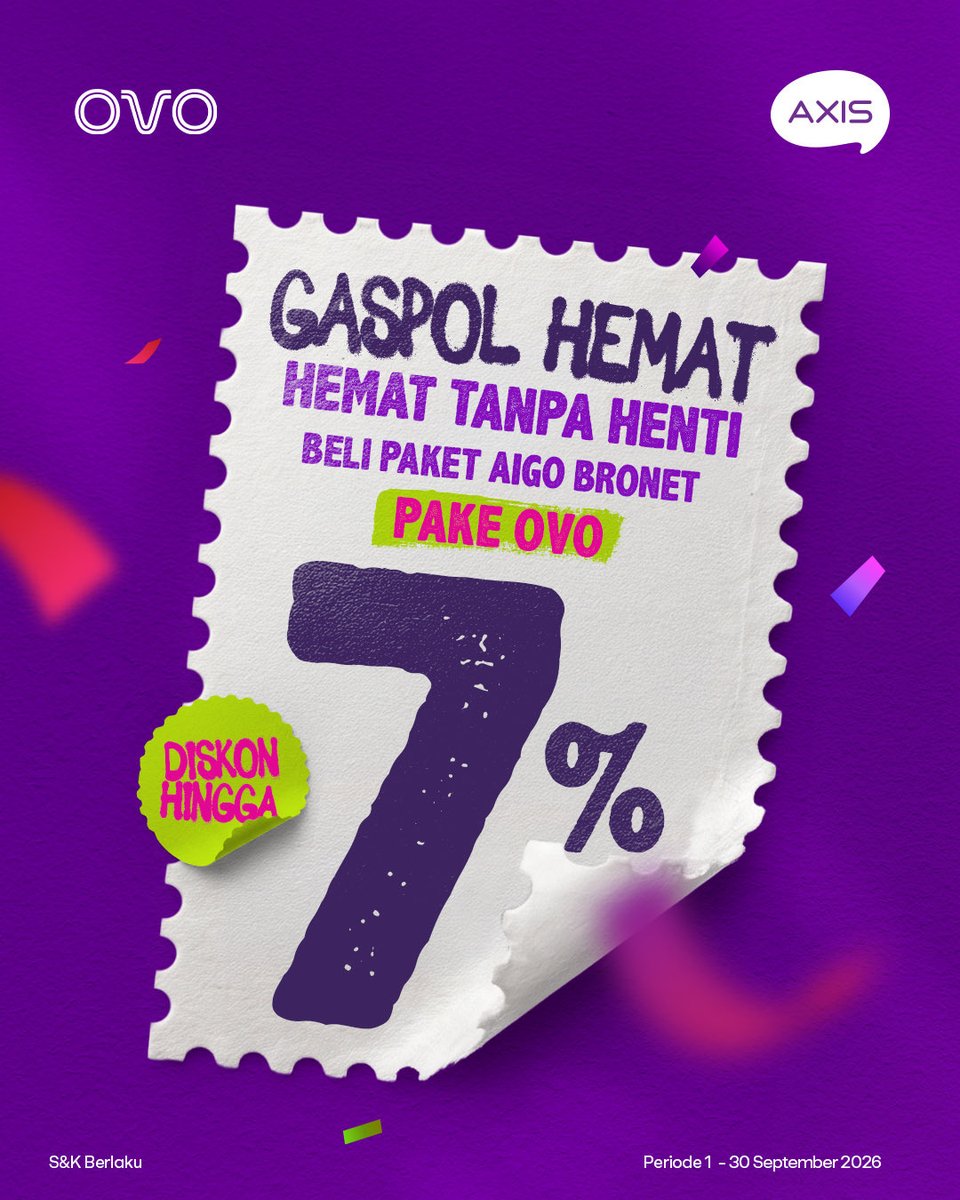 AXISgsm's tweet photo. Beli paket AIGO Bronet diskon sampe 7% di Dana, Gopay, Ovo, Grab, Shopee, atau Tokopedia

Periode 1-30 September 2026

Cuss ambil poromonya sekarang!!
▶️ https://t.co/V4c30hsF5Z
*S&amp;K Berlaku

#EmangKitaBeda https://t.co/EjeJoi5geQ