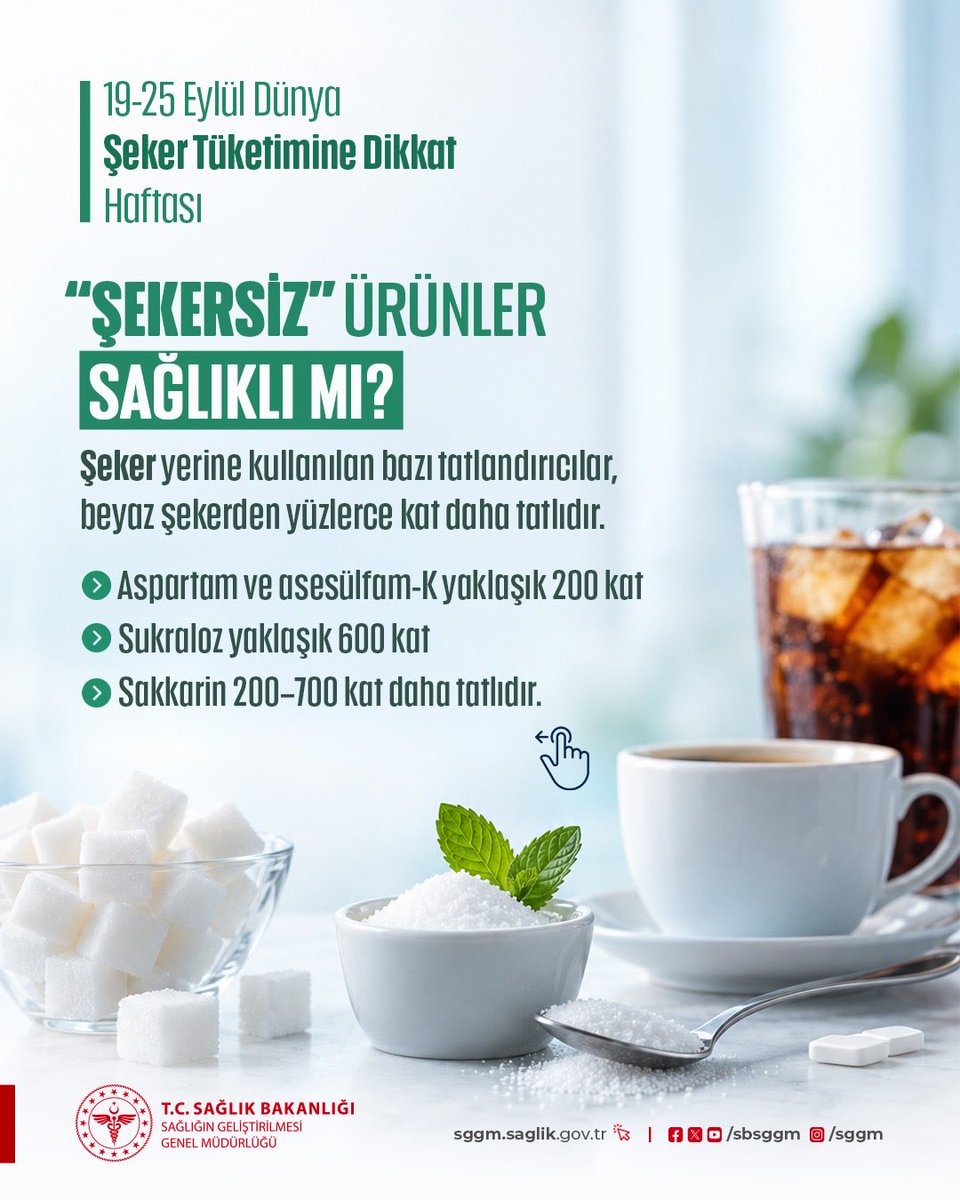 sbsggm's tweet photo. “Şekersiz” ifadesini tek başına bir sağlık göstergesi olarak değerlendirmeyin.

Ürünlerin içeriğini ve kullanılan tatlandırıcı oranlarını dikkatle inceleyin.

#SağlıklıTürkiyeYüzyılı
#SağlığıGeliştirenTürkiye
#ŞekerTüketimineDikkat https://t.co/rCkD1fOxbM
