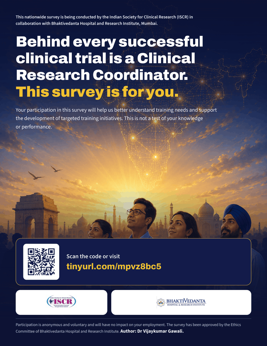 iscrindia's tweet photo. 📢 ISCR Nationwide CRC Survey | with Bhaktivedanta Hospital and Research Institute
Behind every trial is a Clinical Research Coordinator. Help us understand CRC training needs.

⏱️ 20-30 min | Anonymous &amp; voluntary

Take part: https://t.co/L9mEZmlRF6 https://t.co/sgrTg3MHyf