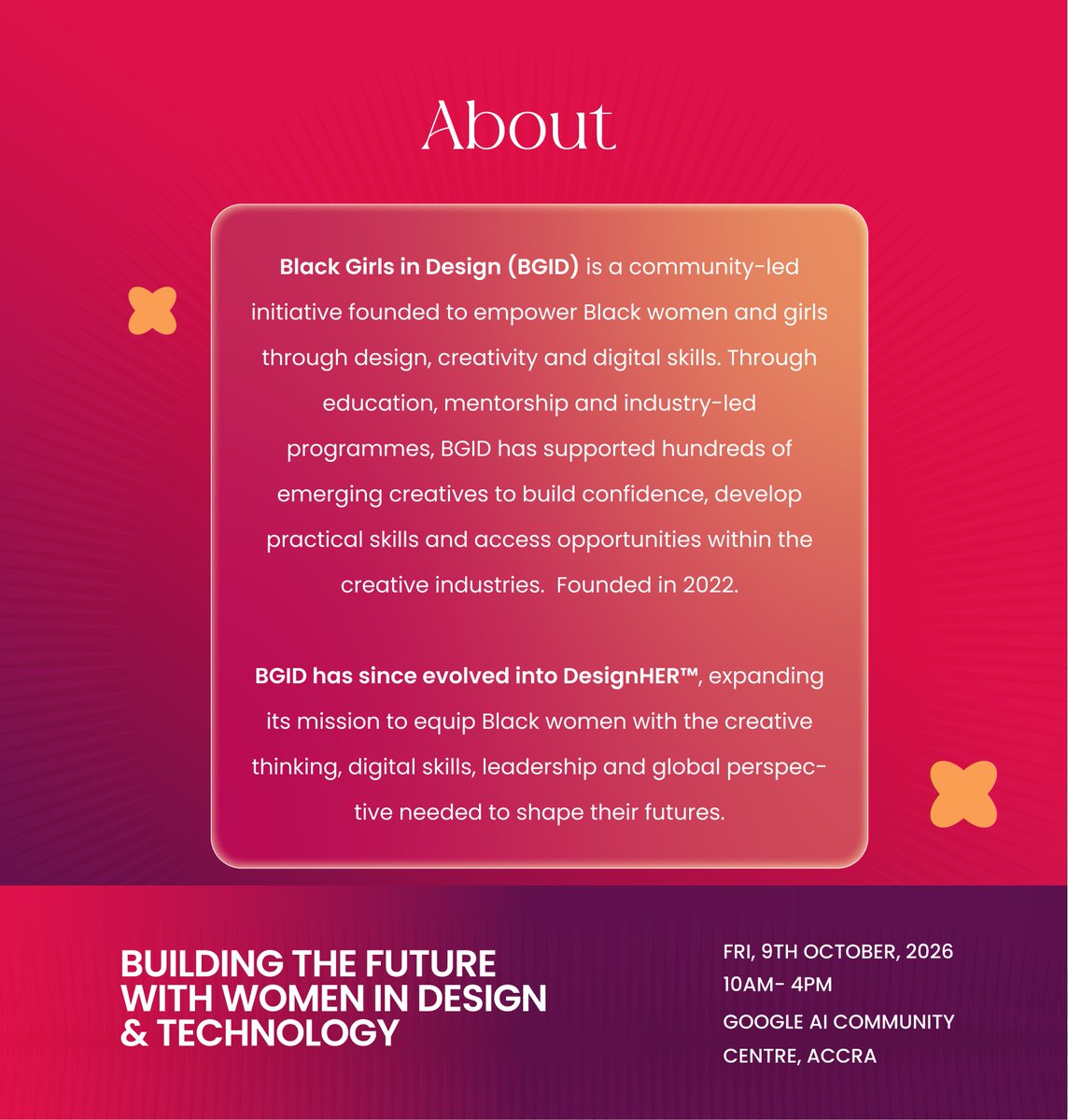 Lidn__'s tweet photo. Say hello to our Community Partner!
Weβre excited to welcome Black Girls In Design as a Community Partner for Women in Design Summit 2026.
π
Friday, 9th October 2026
π Google AI Community Centre, Accra
β° 10AM β 4PM
#WIDS2026 #WomenInDesignSummit #LadiesInDesignNetwork https://t.co/ksO7BxDs3d