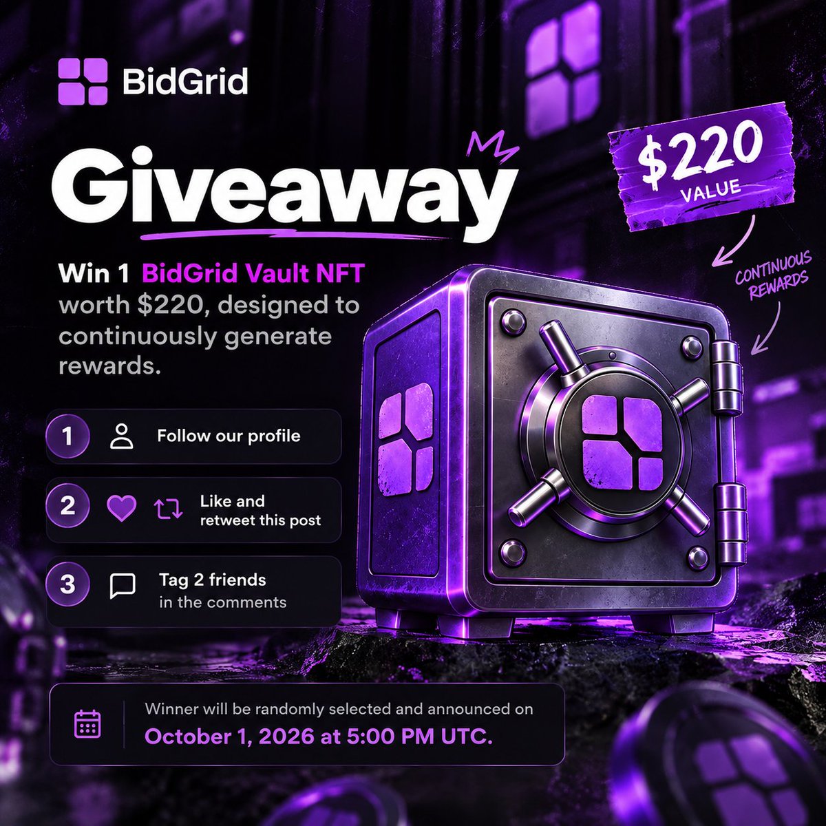 bidgridwin's tweet photo. 🚨 BidGrid Vault Giveaway 🚨

We’re giving away 1 BidGrid Vault NFT currently worth $220 - designed to continuously generate rewards.

To enter:
• Follow our profile
• Like & retweet this post
• Tag 2 friends in the comments
One winner will be randomly selected and announced on October 1, 2026 at 5:00 PM UTC.

Good luck.

#GIVEAWAYTIME $SOL $GODL $ORE $BID