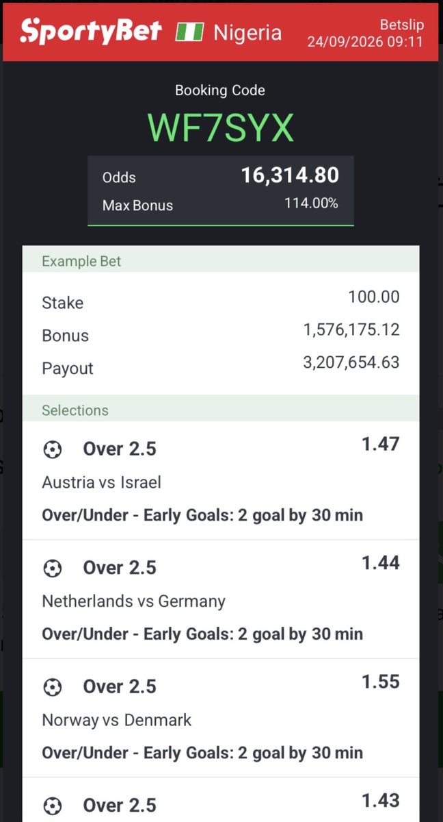 Mrsam4u01's tweet photo. Sportybet
Today game 
Booking code 👉 WF7SYX
Stake responsibly 
Goodluck https://t.co/8HiXSAwvfp