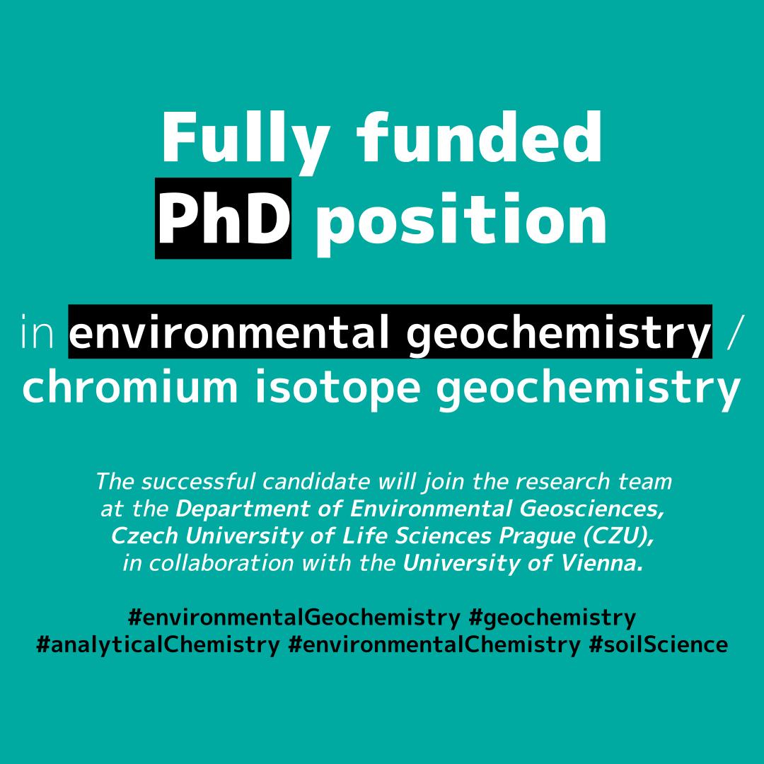 researchjobs_cz's tweet photo. #PhD position in #environmentalGeochemistry / chromium isotope #geochemistry available at at the Department of Environmental #Geosciences, Czech University of Life Sciences Prague @fzpczu
Read more: https://t.co/7i3d4pRQGP
#analyticalChemistry #soilScience #PhDjobs #Prague https://t.co/iEJXzS1VWo