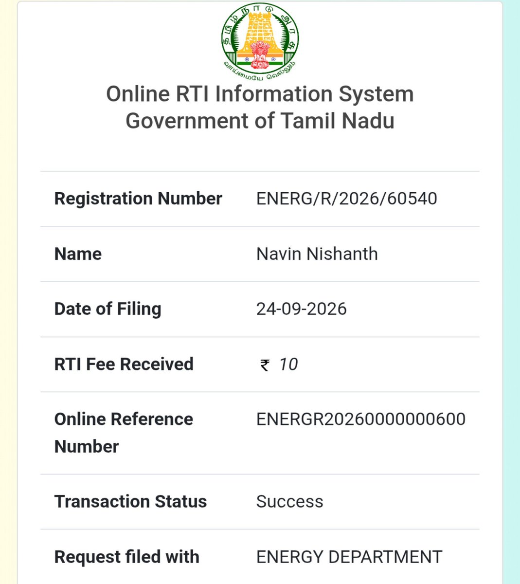 navin_niish's tweet photo. CTR Nirmal Kumar reportedly claimed that 25–30 lakh electricity connections were provided that weren't available during DMK and AIADMK rule.
I've drafted an RTI to TNEB seeking year-wise connection data from 2011 to 2026 to verify this claim.
Let official records speak. https://t.co/3WLq4jlovG