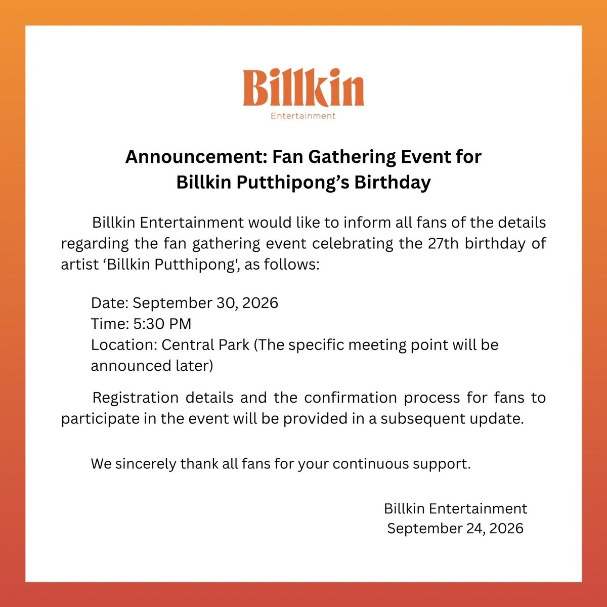 Billkin_Ent's tweet photo. ประกาศรายละเอียดกิจกรรมรวมพลเนื่องในโอกาสวันเกิดของศิลปิน 'บิวกิ้น พุฒิพงศ์'

-----

Announcement: Fan Gathering Event for Billkin Putthipong's Birthday

-----

关于艺人Billkin Putthipong的27岁生日粉丝点名活动详情公告

#BillkinEntertainment #Bbillkin https://t.co/P9cObThKQX