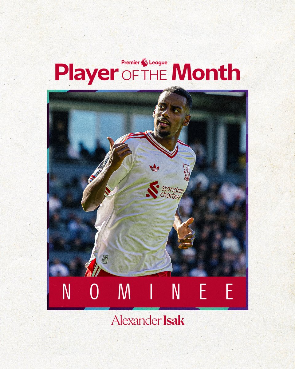 LFC's tweet photo. Alexander Isak and Jeremy Jacquet have been nominated for September's @premierleague Player of the Month 👏 https://t.co/LSBK7t0nXT