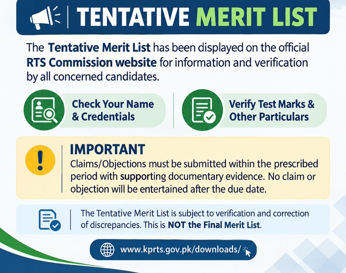 RtpscRts11's tweet photo. The Tentative Merit List is hereby displayed on the official website for information and verification by all concerned candidates. Candidates are advised to carefully check their name, academic credentials, test marks, and other relevant particulars displayed in the list. https://t.co/4PTGdzl0iL
