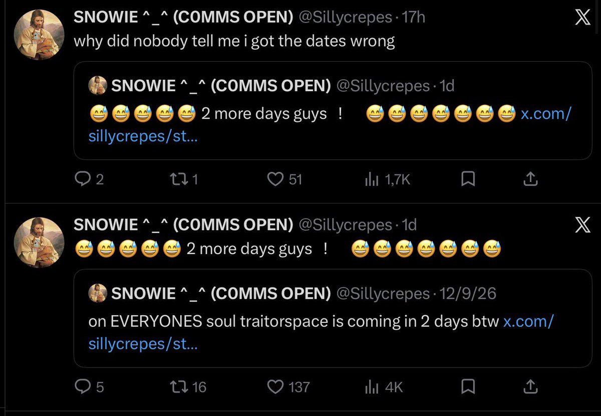 Sillycrepes's tweet photo. does traitorspace just has a curse that delays cmf everytime i mention him or something https://t.co/iI5qMUyHoj
