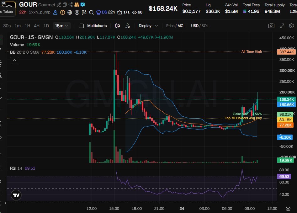 badattrading_'s tweet photo. $GOUR (CA 5xxnT772vG9jMGJp7XNXkKzdErUFBnzGdszGL5mVpump) doesn't have snipers and insiders per devsnightmare, team holds 1.85%. Gake, cjuggz, Torchone 火炬 🅿️,  FounderXyZ are top holders.

A cluster has 20% on Bubblemaps. CEX cluster has 59%. [When wallets are counted once] Binance funded wallets have 12.9%, coinbase 7.6%, Mexc 6.4% (bit high), Kraken 5.2%, Bybit 4.6%, Cryptocom 3.3%, OKX 3.2%, Bitget 2.9%, bitvavo 2.5%.

Top 10 holders have 23.6%, 770 holders with an average bag at $215. Nfa