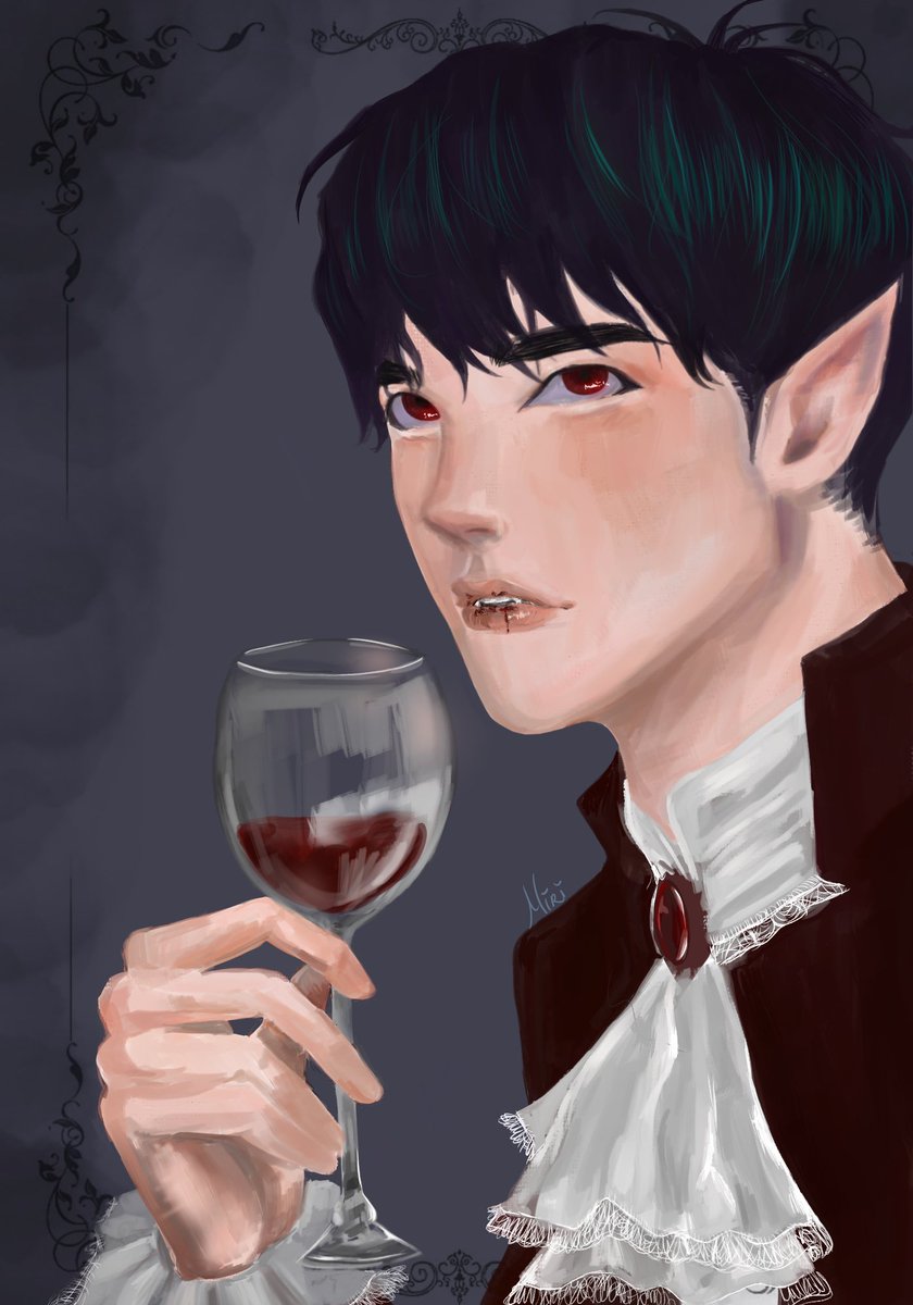 Miriiszz's tweet photo. Un dibujillo de Jongwu; cito a Changdeok: "Uno de esos vampiros millonarios de las películas". 🖤🩸🍷
#ALovelyMeal #식후경 https://t.co/BIDY4caOlk