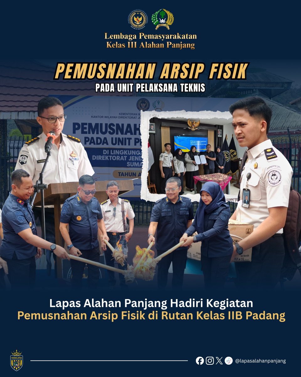 prisonalpan's tweet photo. Lapas Kelas III Alahan Panjang menghadiri kegiatan pemusnahan arsip fisik di Rutan Kelas IIB Padang. 📚🗂️

Kegiatan ini menjadi bagian dari penguatan tata kelola kearsipan yang tertib, efektif, aman, dan akuntabel sesuai ketentuan yang berlaku. https://t.co/UjL8fxy3ur