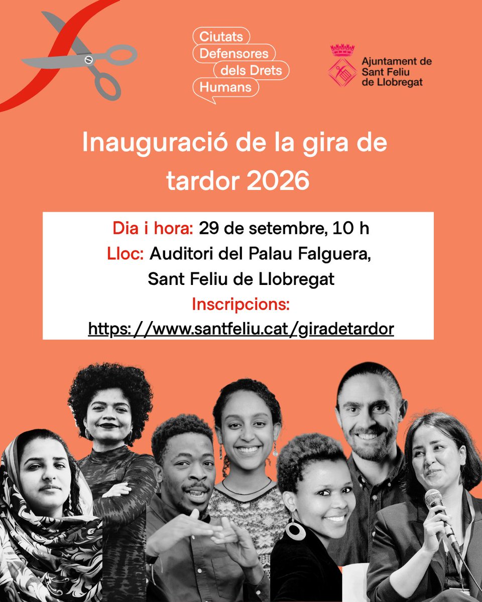 ciutatsdh's tweet photo. 🥳 Sant Feliu de Llobregat és el municipi que acollirà la inauguració de la gira de tardor 2026!
🗓️ Dimarts 29 de setembre
⏰A les 10 hores
📌A l'Auditori del Palau Falguera, a prop de l'Ajuntament de Sant Feliu
No t'ho perdis! #DefensemQuiDefensa #giratardor2026 #inauguració https://t.co/MAVMWUEfPx