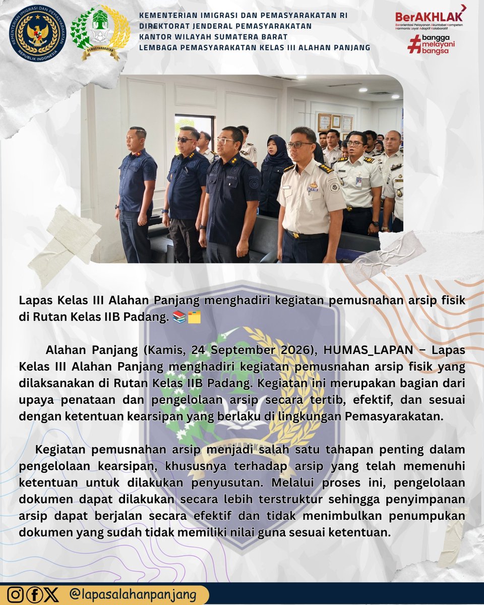 prisonalpan's tweet photo. Lapas Kelas III Alahan Panjang menghadiri kegiatan pemusnahan arsip fisik di Rutan Kelas IIB Padang. 📚🗂️

Kegiatan ini menjadi bagian dari penguatan tata kelola kearsipan yang tertib, efektif, aman, dan akuntabel sesuai ketentuan yang berlaku. https://t.co/UjL8fxy3ur