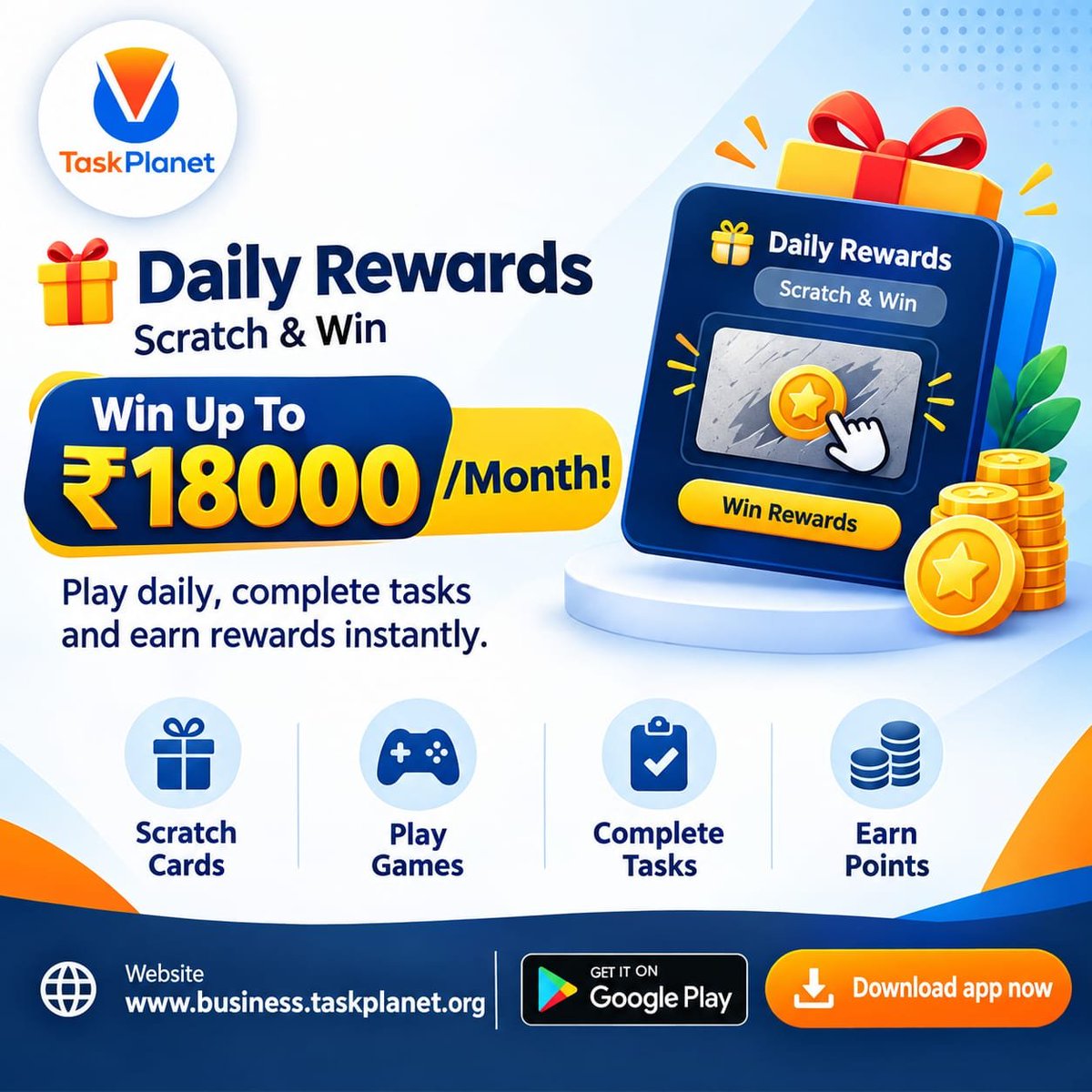 taskplanetpro's tweet photo. 🎁 Daily Rewards Are Here on TaskPlanet! 🎉

Scratch &amp; Win every day and get a chance to win up to 18,000 Points/month! 🤑✨

🔥 Scratch Cards
🎮 Play Games
✅ Complete Tasks
💰 Earn Points
The more you play, the more chances you get to earn! 🚀
📲 Download TaskPlanet Now https://t.co/qavXb8bMBt