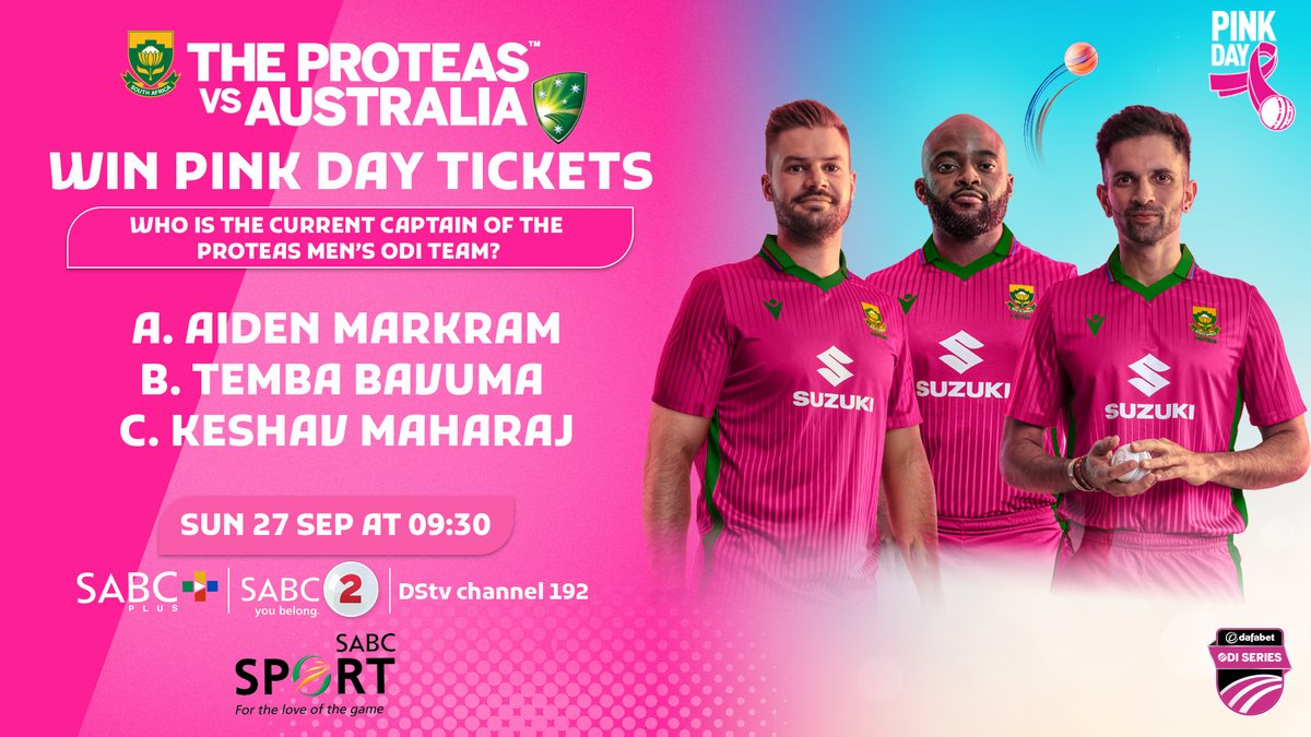 SABC_Sport's tweet photo. 🏏💗 WIN PINK DAY TICKETS! 💗🏏 🇿🇦🔥

Who is the current captain of the Proteas Men’s ODI team?

A. Aiden Markram
B. Temba Bavuma
C. Keshav Maharaj

💬 Comment with your answer and stand a chance to WIN! 🎟️✨
🏏💗

#PinkDay #Proteas #ProteasMen #CricketSouthAfrica #ODISeries #SABCSport