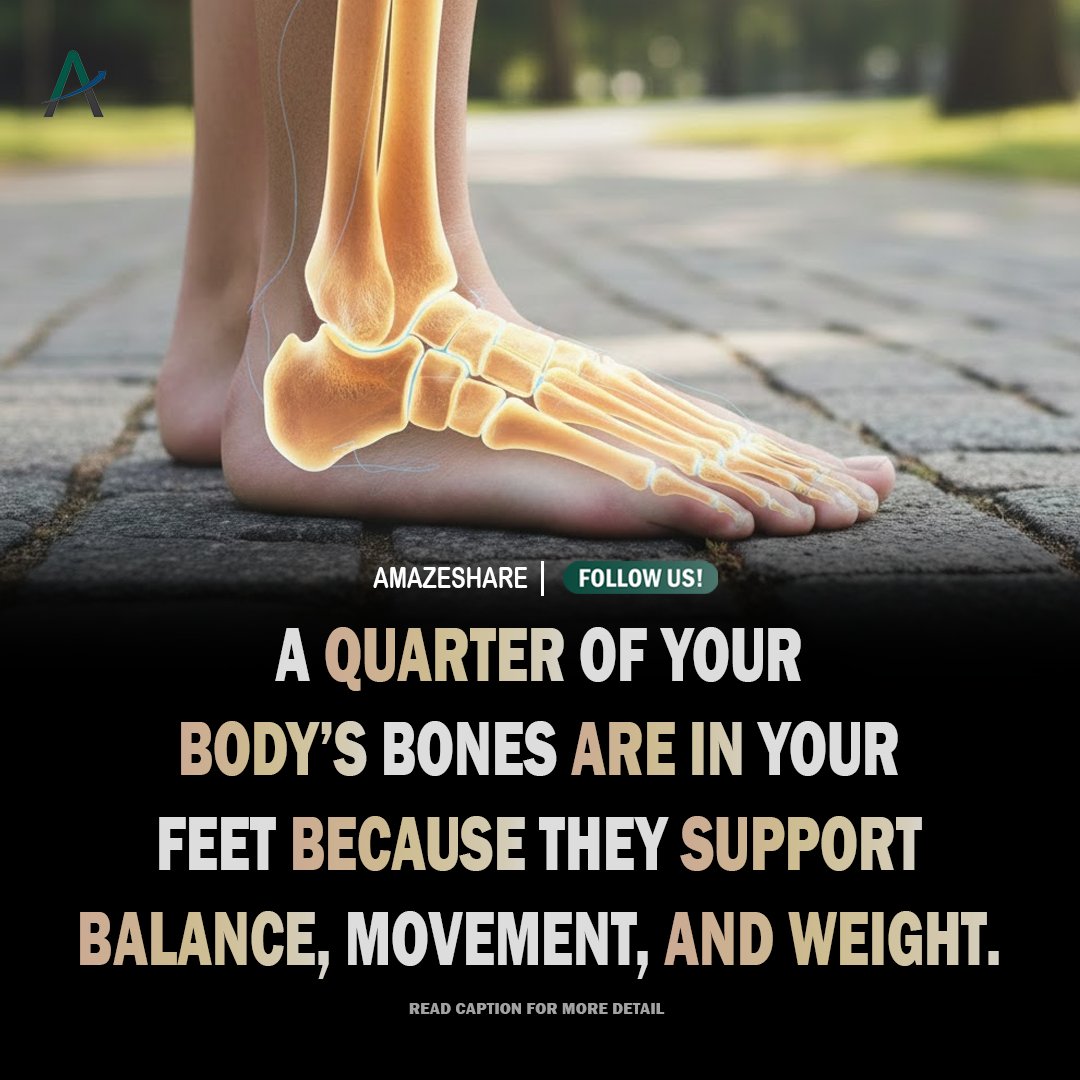 Amazeshare's tweet photo. Your feet contain roughly one quarter of your body's bones, providing essential support, balance, movement, and stability with every step.
#HumanBody #Anatomy #HealthFacts #BodyFacts #ScienceFacts #Feet #DidYouKnow #AmazingFacts #Knowledge #Amazeshare https://t.co/oHeLPGihhK
