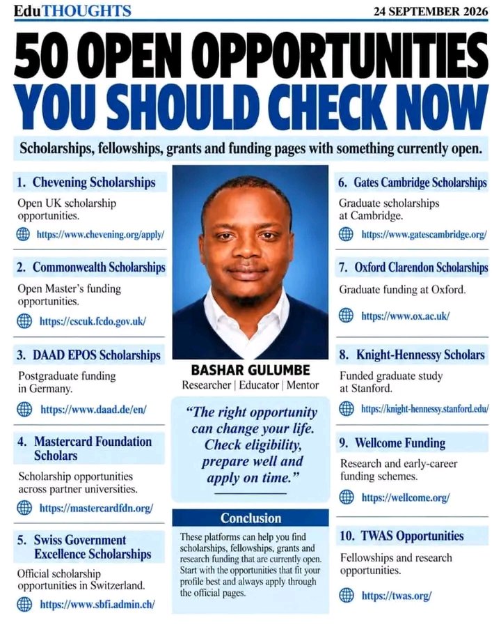 HGBashar's tweet photo. 50 OPPORTUNITIES OPEN NOW 

1. Chevening Scholarships: https://t.co/42e9C3VjsG

2. Commonwealth Master’s Scholarships: https://t.co/ubG1R8w5ai

3. Swiss Government Excellence Scholarships: https://t.co/T6nIVv67r8

4. Knight-Hennessy Scholars: https://t.co/US2mdmF2CQ

5. Mastercard Foundation Scholars Program at Cambridge: https://t.co/DAbzAyvHsV

6. Mandela Washington Fellowship: https://t.co/9GoggeTfcg

7. DAAD EPOS Scholarships: https://t.co/GxBd0loJKB

8. Global Korea Scholarship: https://t.co/qFtz7xAeHB

9. Hong Kong PhD Fellowship Scheme: https://t.co/ez7DSf6ZxM

10. Oxford Clarendon Scholarships: https://t.co/Yz6Dz6aSbm

11. Oxford Weidenfeld-Hoffmann Scholarships: https://t.co/Hg76JQDkJe

12. Saïd Foundation Scholarships: https://t.co/NZkXpngYAo

13. Cambridge Trust Scholarships: https://t.co/JVlCAc3OKC

14. Gates Cambridge Scholarships: https://t.co/YznHRwi6pX

15. Lester B. Pearson International Scholarship: https://t.co/iZZRXlig58

16. University of Queensland Graduate School Scholarships: https://t.co/yvPpXbcXUJ

17. University of Sydney RTP International Scholarship: https://t.co/QgHAJDxwTg

18. University of Melbourne Graduate Research Scholarships: https://t.co/LHtJyrm8jT

19. Monash University Graduate Research Scholarships: https://t.co/1kcWnay7hK

20. KAUST Graduate Admissions: https://t.co/WUYTuFCEGW

21. University of Otago Doctoral Scholarship: https://t.co/9TGdkW62bQ

22. Wellcome Early-Career Awards: https://t.co/nxDaKP7aRG

23. ERC Starting Grant: https://t.co/dxPyEICFzh

24. European Innovation Council Funding: https://t.co/yPi8le4fvE

25. Horizon Europe Funding Calls: https://t.co/umPHZy6BAb

26. UKRI Funding Opportunities: https://t.co/O5goSUX54I

27. Innovate UK Competitions: https://t.co/q34DLWvQqx

28. British Academy Funding: https://t.co/F1LxeW4Weq

29. Royal Society Grants: https://t.co/VnLUNjwaxC

30. CIFAR Global Scholars: https://t.co/VexnxpOh3D

31. Pulitzer Center Global Reporting Grants: https://t.co/cAFKK2twBG

32. Draper Richards Kaplan Foundation: https://t.co/B58rlKazrW

33. TWAS Opportunities: https://t.co/BwcbnhEZ0K

34. Zonta Amelia Earhart Fellowship: https://t.co/NJFAk9aL7f

35. Wilson Center Research Fellowship: https://t.co/0PJ8mA53P4

36. Mo Ibrahim Foundation Leadership Fellowships: https://t.co/y13PgWGZKT

37. Harvard Radcliffe Fellowship: https://t.co/OuAyYyx3Fs

38. P.E.O. International Peace Scholarship: https://t.co/Lds06KfX9j

39. Schlumberger Foundation Faculty for the Future: https://t.co/M7QgaxetxX

40. Princeton Fung Global Fellows: https://t.co/jginHUIFL7

41. COST Open Call: https://t.co/Daf3ucprgI

42. EMBO Scientific Exchange Grants: https://t.co/loNveHKeR6

43. IIE Scholar Rescue Fund: https://t.co/iM7bFyrkLE

44. Wenner-Gren Foundation Grants: https://t.co/d6c1aJR1d4

45. The Pollination Project Seed Grants: https://t.co/9Ha6lrQ6uk

46. National Endowment for Democracy Grants: https://t.co/f6teCPM79k

47. National Geographic Society Grants: https://t.co/4lpHA9ihNn

48. Gates Foundation Grand Challenges: https://t.co/ijd8zgXRAd

49. CIVICUS Crisis Response Fund: https://t.co/aF9Rw44kUk

50. Urgent Action Fund Africa Grants: https://t.co/Flk60gyjrd