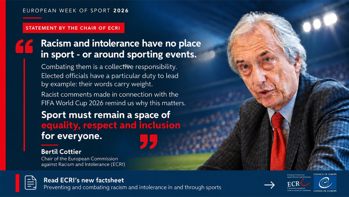 ECRI_CoE's tweet photo. During the European Week of Sport, ECRI Chair Bertil Cottier calls for sport to remain a space of equality, respect and inclusion for everyone.
Read ECRI’s new factsheet: https://t.co/VOPAfcHlsa
#ECRI #BeActive https://t.co/rL1lHVBJnO