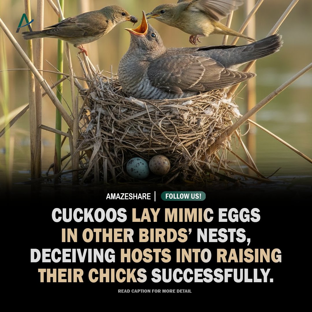 Amazeshare's tweet photo. Cuckoos lay their eggs in other birds' nests, leaving unsuspecting hosts to raise their chicks after hatching and feeding them.
#Cuckoo #BirdFacts #Nature #Wildlife #AnimalFacts #Birds #DidYouKnow #AmazingNature #Science #Amazeshare https://t.co/2rYHhKT3X0