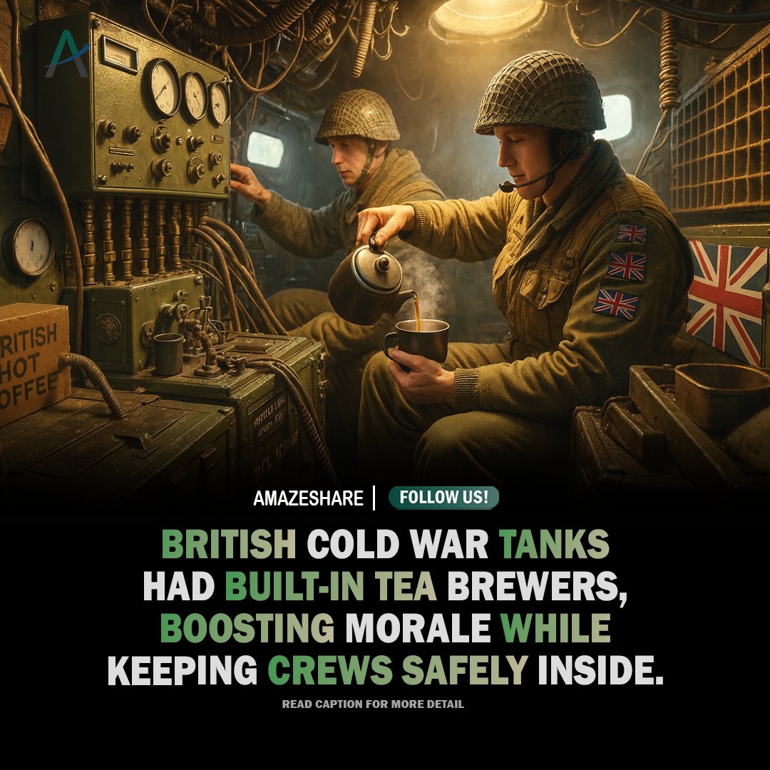 Amazeshare's tweet photo. Certain British Cold War tanks included built in boiling vessels, allowing crews to prepare hot drinks and food safely inside.
#MilitaryHistory #ColdWar #Tanks #HistoryFacts #BritishHistory #WarHistory #DidYouKnow #MilitaryFacts #History #Amazeshare https://t.co/sPtVt71y6d