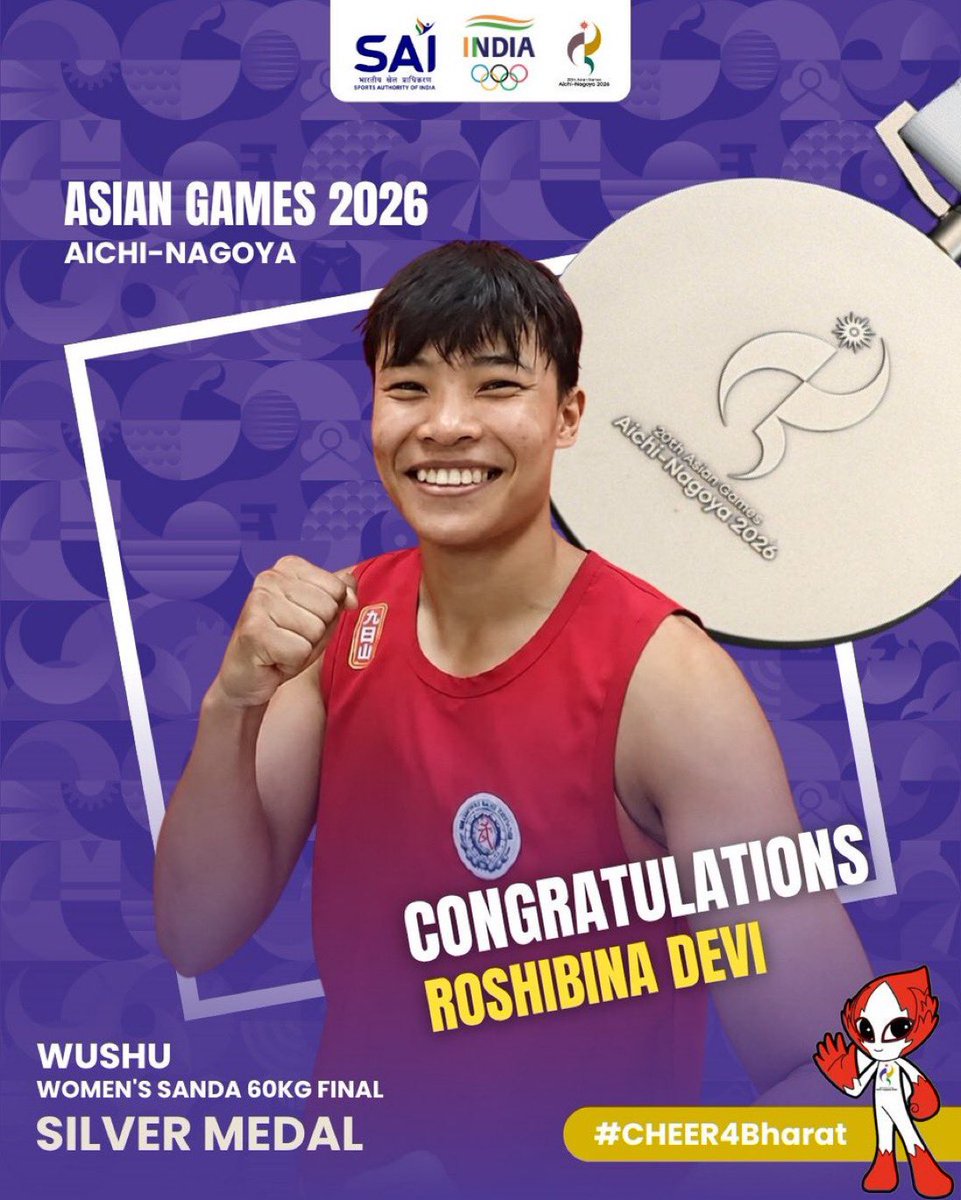KumariDiya's tweet photo. A historic achievement by Roshibina Devi! 🇮🇳🥈

Heartiest congratulations on securing Silver in the Women’s Sanda 60kg category at #AsianGames2026. With medals at three consecutive Asian Games, Roshibina has etched her name in the history of Indian Wushu.

A remarkable journey of resilience and excellence. Proud moment for India! 🇮🇳

#Cheer4Bharat #TeamIndia