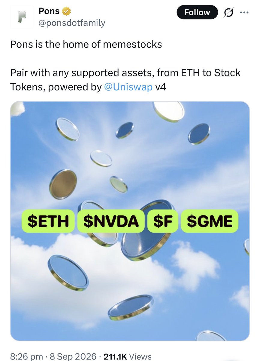 redmanthoor's tweet photo. the interesting part about $pons vs robinhood:0x298348d5b2e45c774e3ee4f1a0924071dfbdc8c7 isn’t that one has to be “right”

$pons already has a real uniswap connection — uniswap labs reportedly bought $pons, and the pons ecosystem is built around uniswap v4

that’s a pretty significant part of the story

but then there’s robinhood:0x298348d5b2e45c774e3ee4f1a0924071dfbdc8c7

ansem mentioned swappy back in 2020

there are old uniswap references around the name

and now you start seeing these weird little timing/narrative overlaps again

for example:

robinhood:0x298348d5b2e45c774e3ee4f1a0924071dfbdc8c7 posts “knows how to keep the world spinning”

one minute later, uniswap posts “uniswap hooks are eating the world”

is that intentional?

no idea.

could easily be coincidence.

but when one project has the current uniswap alignment and another has a much older swappy/uniswap trail, it makes for a pretty interesting comparison

and if uniswap ever officially connects the swappy name back to its original mascot history, that would obviously add another layer to the story

until then, the receipts are what they are

look at both sides and make your own call