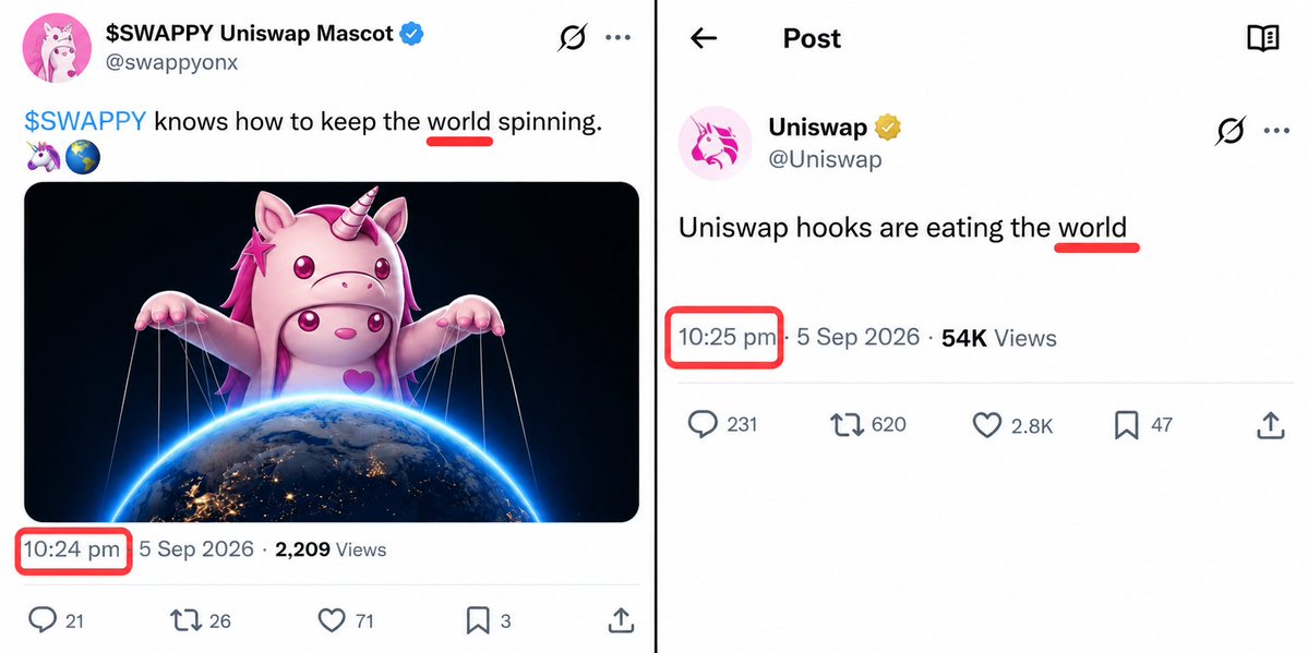 redmanthoor's tweet photo. the interesting part about $pons vs robinhood:0x298348d5b2e45c774e3ee4f1a0924071dfbdc8c7 isn’t that one has to be “right”

$pons already has a real uniswap connection — uniswap labs reportedly bought $pons, and the pons ecosystem is built around uniswap v4

that’s a pretty significant part of the story

but then there’s robinhood:0x298348d5b2e45c774e3ee4f1a0924071dfbdc8c7

ansem mentioned swappy back in 2020

there are old uniswap references around the name

and now you start seeing these weird little timing/narrative overlaps again

for example:

robinhood:0x298348d5b2e45c774e3ee4f1a0924071dfbdc8c7 posts “knows how to keep the world spinning”

one minute later, uniswap posts “uniswap hooks are eating the world”

is that intentional?

no idea.

could easily be coincidence.

but when one project has the current uniswap alignment and another has a much older swappy/uniswap trail, it makes for a pretty interesting comparison

and if uniswap ever officially connects the swappy name back to its original mascot history, that would obviously add another layer to the story

until then, the receipts are what they are

look at both sides and make your own call