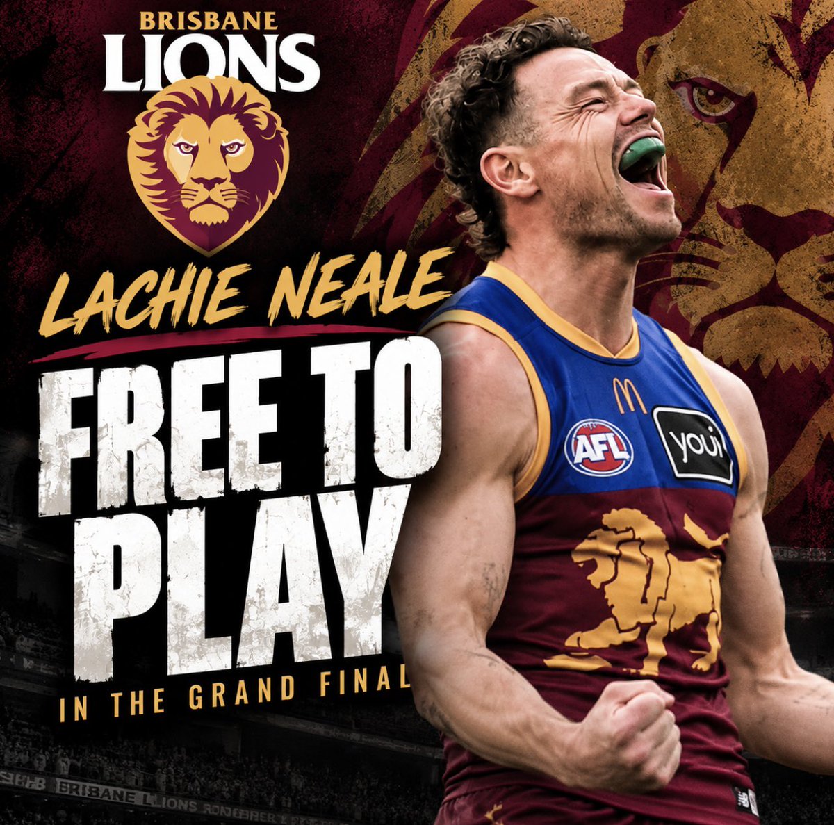 thedaily___'s tweet photo. BREAKING: LACHIE NEALE IS FREE TO PLAY IN THE GRAND FINAL!

Brisbane has won its appeal, with Neale’s one-match suspension.

The Lions superstar is available for Saturday’s Grand Final against Fremantle.

Massive news. 🦁🏆

#AFL #AFLGrandFinal #LachieNeale #BrisbaneLions #fremantledockers