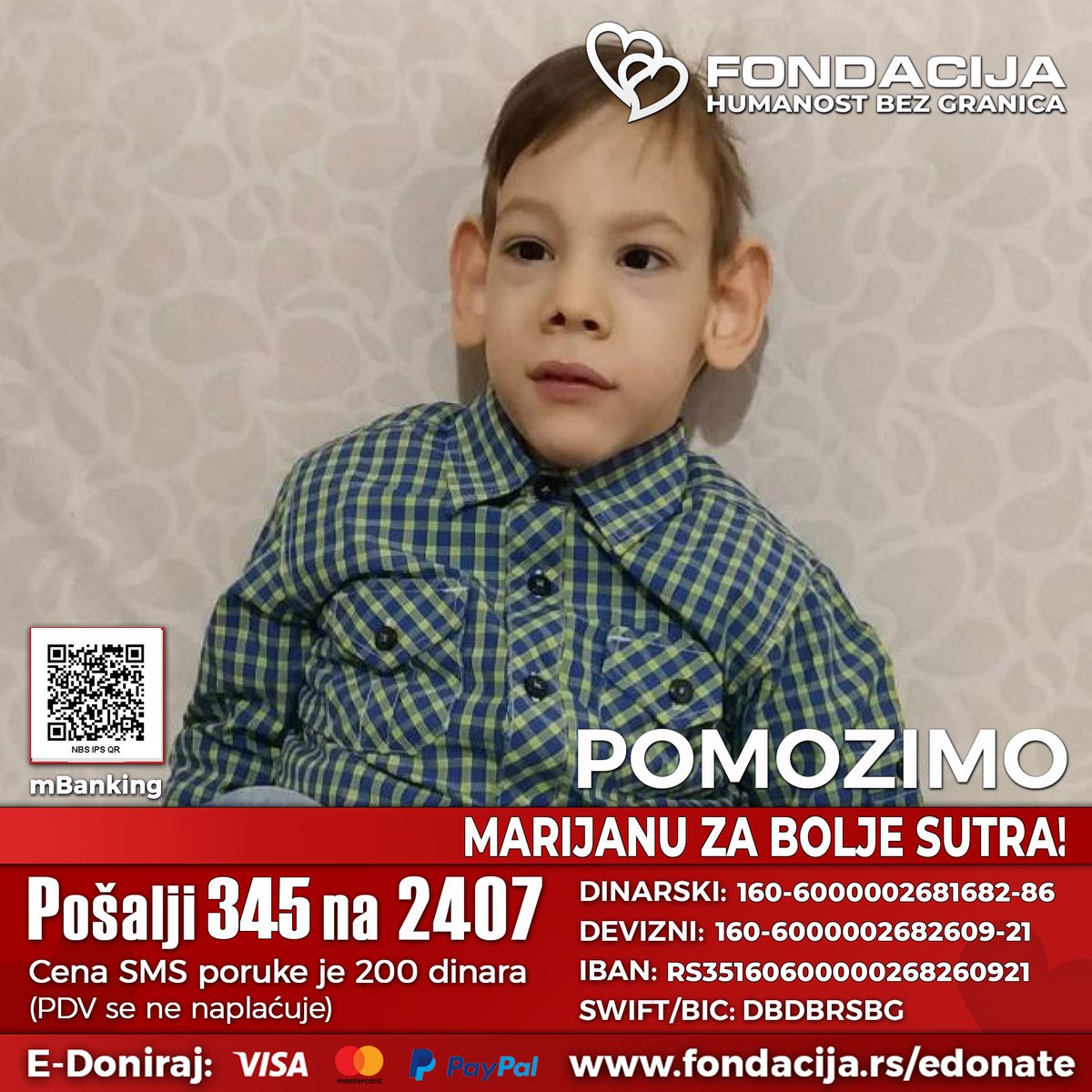 Vladano's tweet photo. Marijan (2014.) rođen je prevremeno. Usled krvarenja u mozgu IV stepena danas ne sedi i ne hoda samostalno.

Pomozimo!

🇷🇸 Pošalji SMS: 345 na 2407
https://t.co/ReI00FrFgQ
(link za mobilne)

Skeniraj QR kod - mBanking

E-Doniraj - VISA, MasterCard, PayPal:
https://t.co/mGYauFoKcQ https://t.co/rPsFkp1e1m