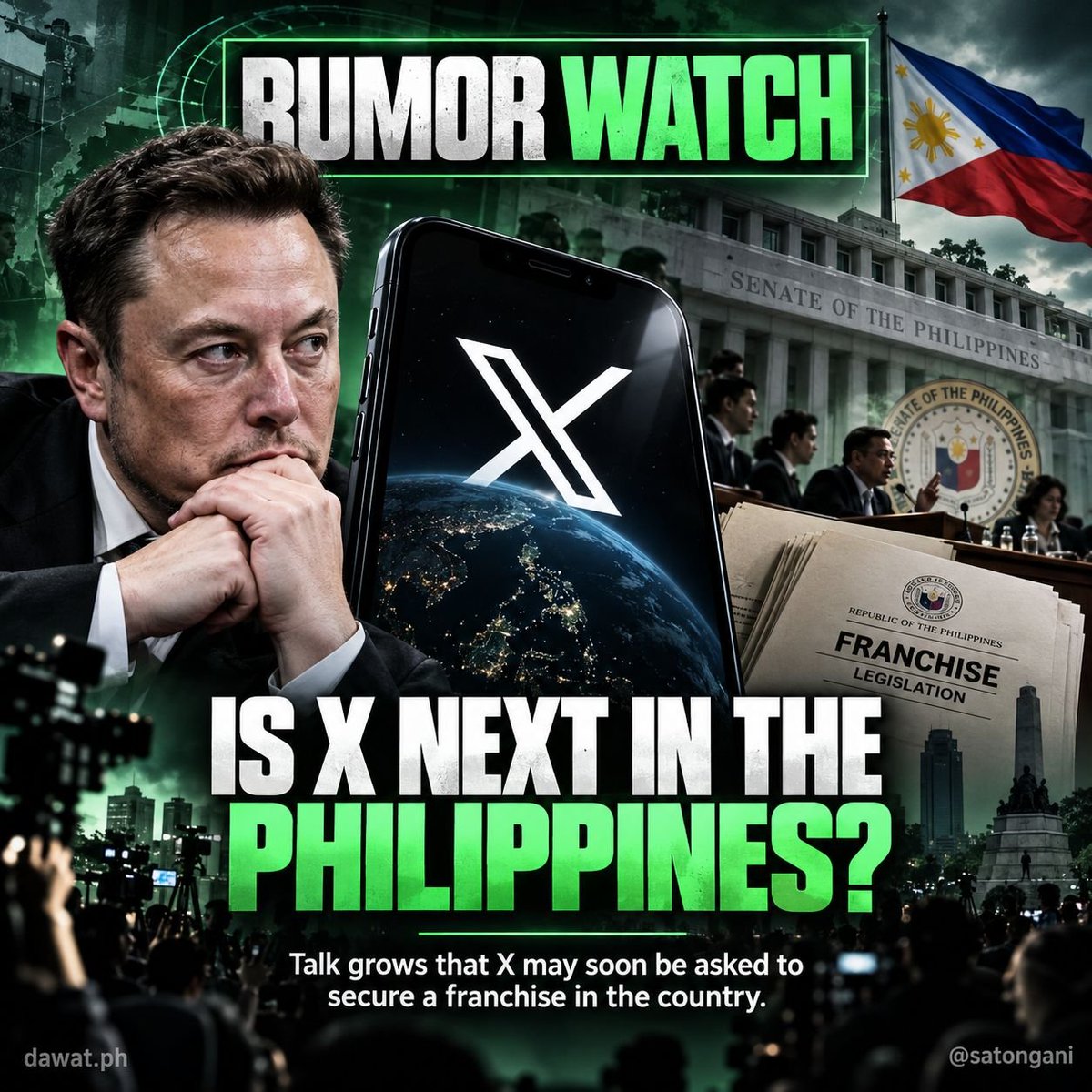 satongani's tweet photo. RUMOR WATCH: COULD ELON MUSK’S X BE NEXT IN THE PHILIPPINES?

After the government’s recent pressure on Meta, Discord and Reddit to establish stronger local accountability, attention could eventually turn to other major platforms operating in the Philippines, including X, owned by Elon Musk.

There is no official order right now requiring X to secure a Philippine franchise, and I found no credible report saying Elon Musk or X has already been formally summoned over this. But the possibility is not far-fetched.

House Bill 4786, the proposed Social Media Platform Franchise Act, is written broadly to cover social media platforms as public services that would need a congressional franchise before operating in the country. The bill is still pending in the House Committee on Economic Affairs.

DICT Secretary Henry Aguda has also publicly supported requiring major social-media companies to secure legislative franchises and maintain a stronger Philippine presence so they can be held accountable under local law. So far, most of the public pressure has focused on Meta, while the CICC has separately required Discord and Reddit to provide local representatives.

So the rumor goes:
Meta first.
Discord and Reddit next.

Could X eventually be asked the same question?

If HB 4786 ever becomes law, the issue may no longer be about one company. Large foreign platforms operating in the Philippines could face the same basic requirement:
If you want access to millions of Filipino users, establish a local presence, follow Philippine law, and become directly accountable here.
For now, though, “Elon Musk and X are next” is speculation, not an announced government action.