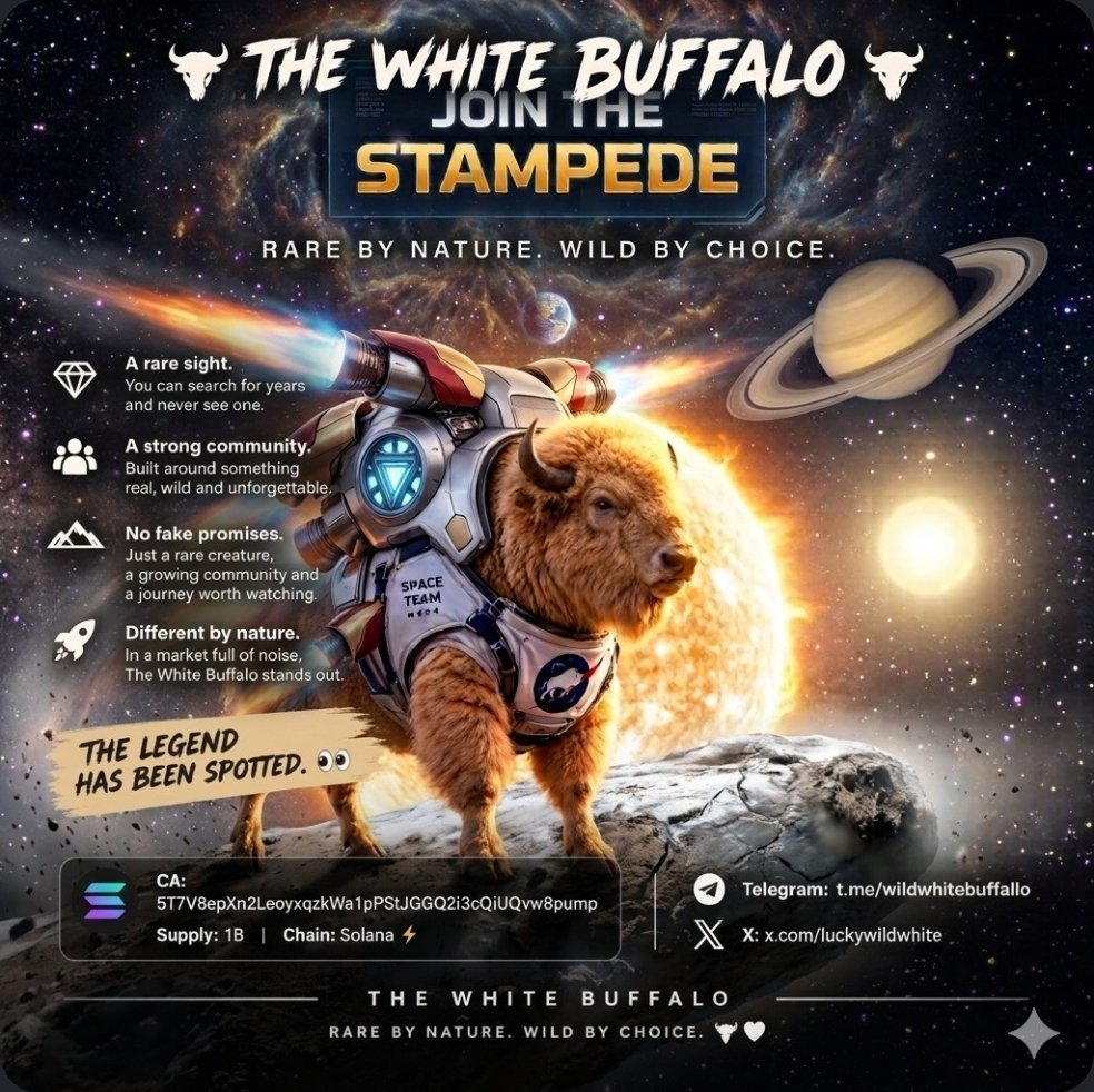 WhalesClub_'s tweet photo. Rare. Wild. Unforgettable. 🤍🐃

A community built around something truly different.

No hype. No complicated story.
Just the legend, the community, and the journey. 👀

The legend has been spotted. 🐃

CA: 5T7V8epXn2LeoyxqzkWa1pPStJGGQ2i3cQiUQvw8pump
Supply: 1B | Chain: Solana ⚡

🌐 Telegram: https://t.co/AOUTmED8Eo…
𝕏 X: https://t.co/rNhUvEYYXR

THE WHITE BUFFALO
Rare by nature. Wild by choice. 🐃🤍