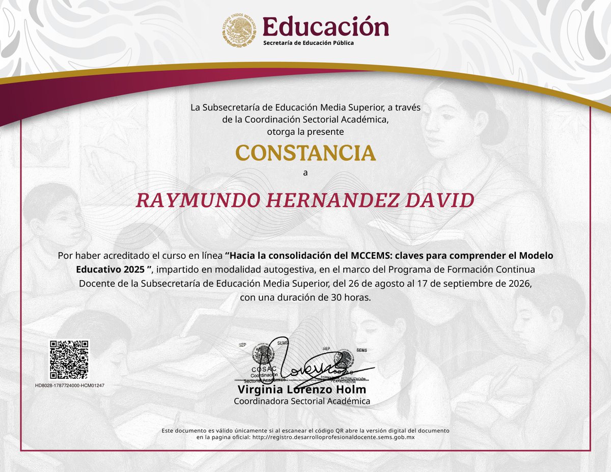 rhernandezdavid's tweet photo. Participación en el curso en línea "Hacia la consolidación del MCCEMS (Marco Curricular Común en Educación Media Superior) 2025, a través de la COSAC (Coordinación Sectorial Académica). Agosto-septiembre 2026. https://t.co/w2PsXZVpsu