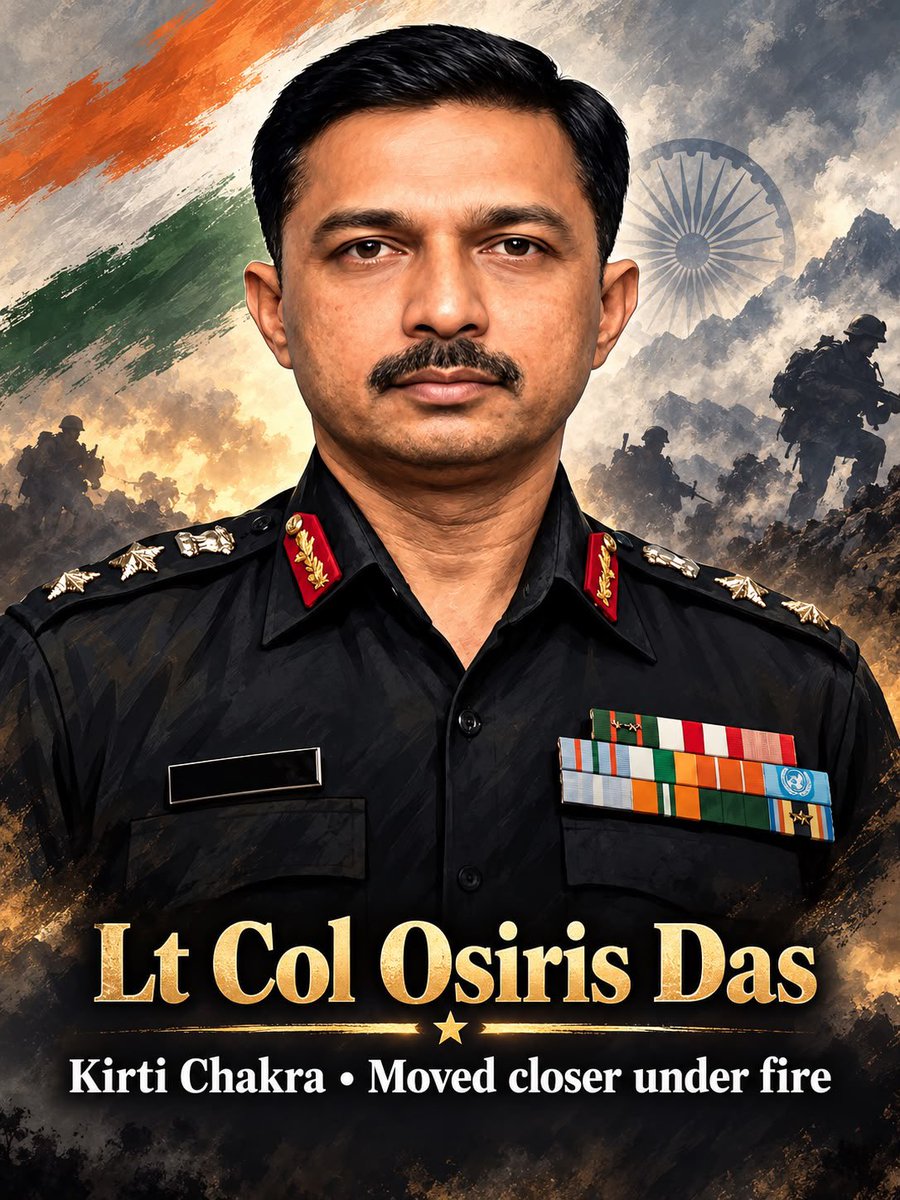 TheBharatTake's tweet photo. He had already been hit by enemy fire.

The terrorists were escaping.

Instead of falling back, Lt Col Osiris Das stepped into the open, closed the distance to barely 5 metres and took the fight to them.

What happened on the banks of the Jhelum deserves to be remembered. 🇮🇳🧵 https://t.co/C8eXPDJVBO