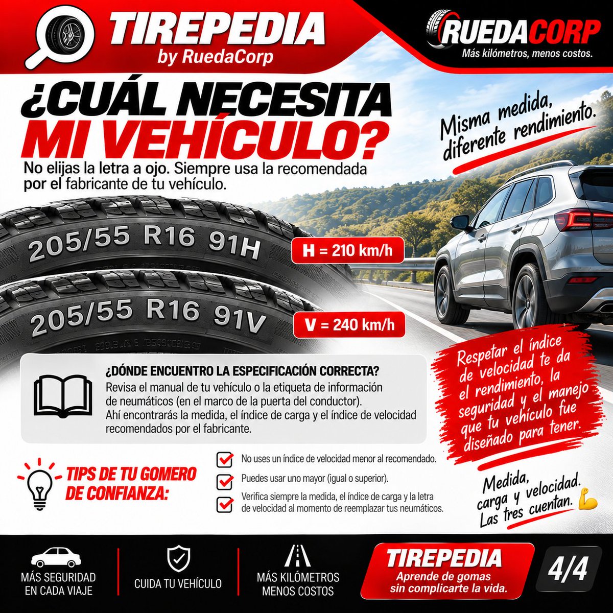 Ruedabymelitos's tweet photo. 🛞 ¿Qué significa la V en 205/55 R16 91V?

Es el índice de velocidad, compai. 😎
T → 190 km/h
H → 210 km/h
V → 240 km/h
W → 270 km/h
Y → 300 km/h
No es una recomendación para correr: indica una capacidad del neumático bajo condiciones especificadas
📚 #Tirepedia by RuedaCorp https://t.co/I4Uv8Wn5dO