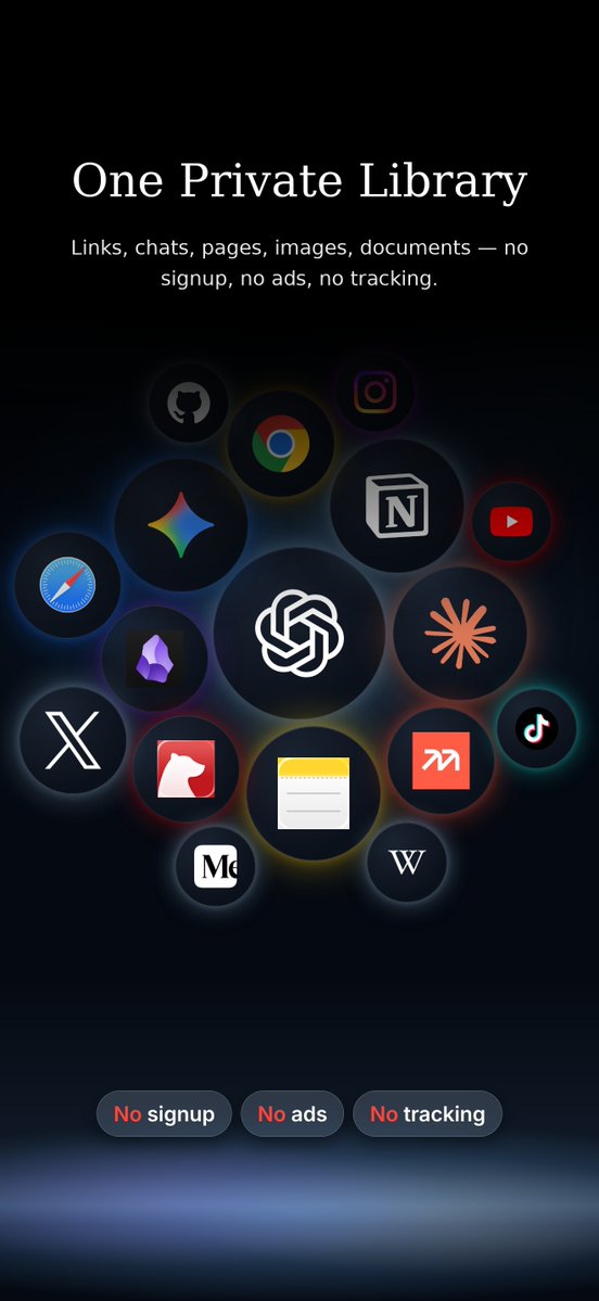 digext_app's tweet photo. Save from anywhere — every app and browser, straight into one private library. Links, chats, pages, images, documents. No signup, no ads, no tracking. #nativeiosapp #platforms #digext https://t.co/84tcpU44x8 https://t.co/u4wZBBlMrE
