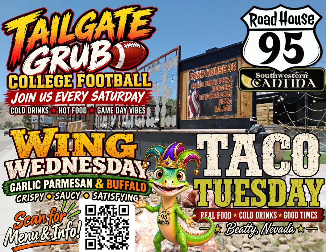 JakeRoadhouse95's tweet photo. 🍗🌙 WING WEDNESDAY IS WINDING DOWN AT ROADHOUSE 95! 🌙🍗

If you missed out on wings tonight, no worries. You can always come back tomorrow and get your fix. The night is still young, so grab some friends, come out, play a few games, and enjoy the 95.

Tomorrow is THIRSTY THURSDAY, and we’ve got a full evening lined up.

🍻 Locals Happy Hour
Come hang out with Mama Jenny during the day and Lei all night long.

🏈 Thursday Night Football
The Atlanta Falcons visit the Green Bay Packers tomorrow night.

🏆 BAR OLYMPICS
$20 entry fee, with the pot split 75% to Gold and 25% to Silver.

And the first two weeks have already paid out:

WEEK 1
Wednesday: $50 Pot
🥇 Manny $37.50
🥈 Jesse $12.50

Sunday: $110 Pot
🥇 Jon $82.50
🥈 Jacob $27.50

WEEK 2
Monday: $60 Pot
🥇 Manny $45.00
🥈 Jacob $15.00

Thursday: $90 Pot
🥇 Keiser $67.50
🥈 Jon $22.50

So far, Manny has already taken Gold twice. 👀 Think you can knock him off the podium?

Come out tomorrow, grab a cold drink, watch some football, and see if your name ends up on the next leaderboard.

📍 RoadHouse 95 Southwestern Cantina • Beatty, Nevada

🛣️ Let the Road Lead You to Our Kitchen.

#RoadHouse95 #WingWednesday #ThirstyThursday #BarOlympics #ThursdayNightFootball #BeattyNevada