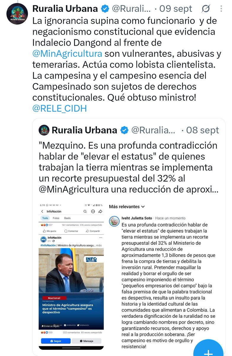 RuraliaUrbana's tweet photo. A retractarse mezquino ser de la Patria Milagro, al frente de @MinAgricultura, con el Campesinado: Campesinas y Campesinos Colombianos !!
Respete.
@RELE_CIDH https://t.co/f5LncsnUHs