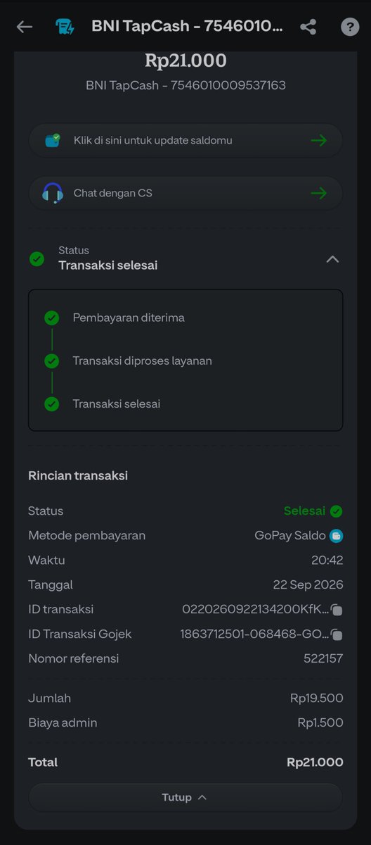 trisetiiya's tweet photo. Dear @BNI , saya top up tapcash selasa malam via gopay.. tapi blm masuk, sdh dilakukan update balance juga bbrp kali. Tolong dibantu min 
Saya gapunya bukti transaksi tapcash-nya krn tdk ada nfc. https://t.co/wfckkwXnfC
