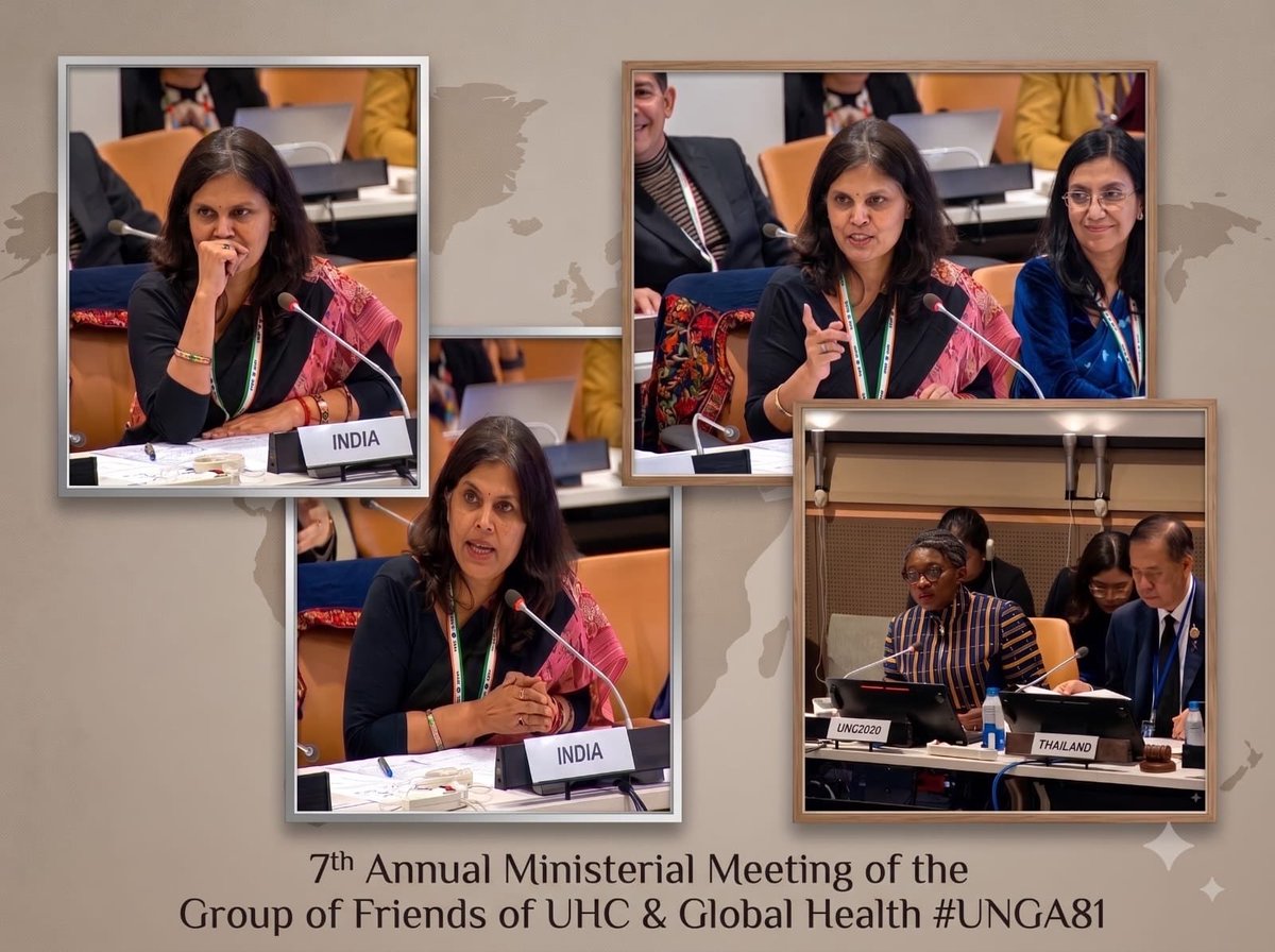 DDIndialive's tweet photo. At the Seventh Annual Ministerial Meeting of the Group of Friends of #UHC & Global Health, held on the sidelines of #UNGA81, Union Health Secretary Punya Salila Srivastava highlighted India’s comprehensive approach to advancing #UniversalHealthCoverage through accessible, affordable and quality healthcare.
She highlighted Ayushman Bharat PM-JAY, the world’s largest publicly funded health assurance scheme, providing annual health cover of up to ₹5 lakh and covering more than 600 million citizens.
She also highlighted Free Drugs & Diagnostics services, NQAS, ABHA-enabled health records and teleconsultation through e-Sanjeevani.
@MoHFW_INDIA