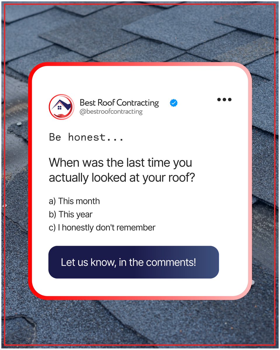 RoofBest2546's tweet photo. Be honest… when was the last time you actually looked at your roof?
a) This month
b) This year
c) I honestly don't remember

Drop your answer below. If it's been a while, we'll check it for free — Best Roof Contracting, 917-500-9573, https://t.co/WqUUT1E4fC

#BestRoofContracting https://t.co/cDJjoNVAlY